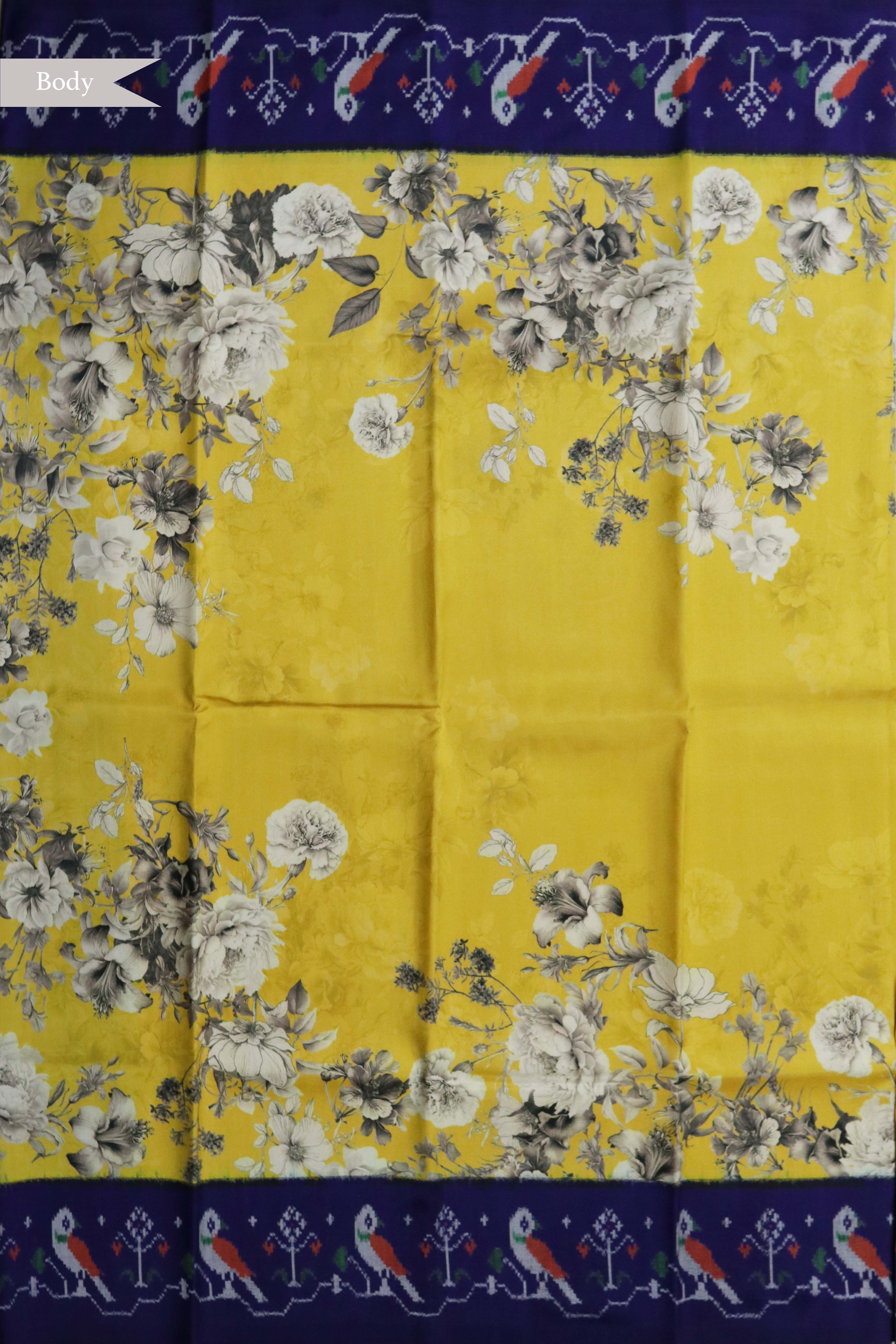 Yellow Printed Silk Saree with Ikat Border