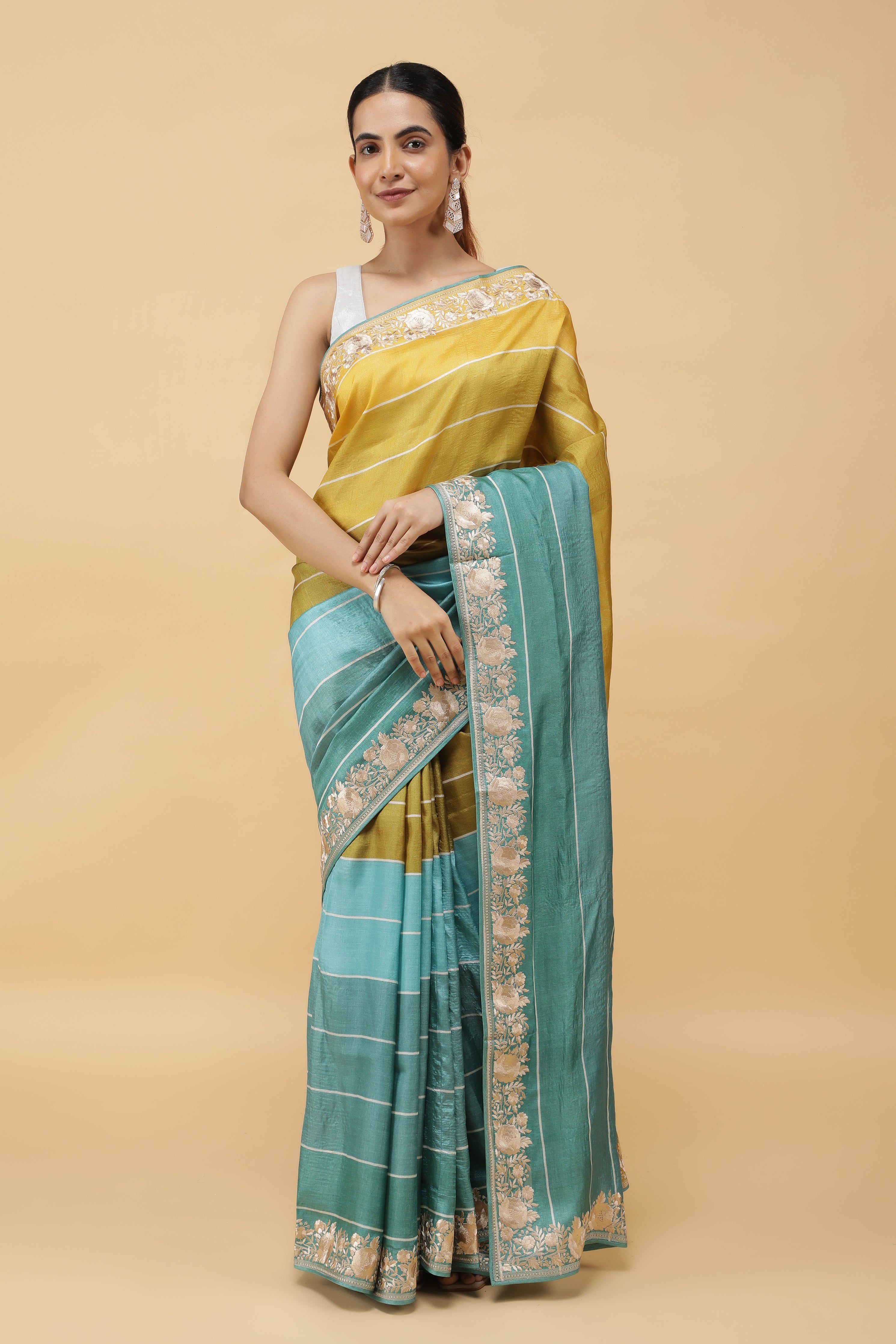 Green & Blue Tussar Silk Saree with Thread Embroidered Border