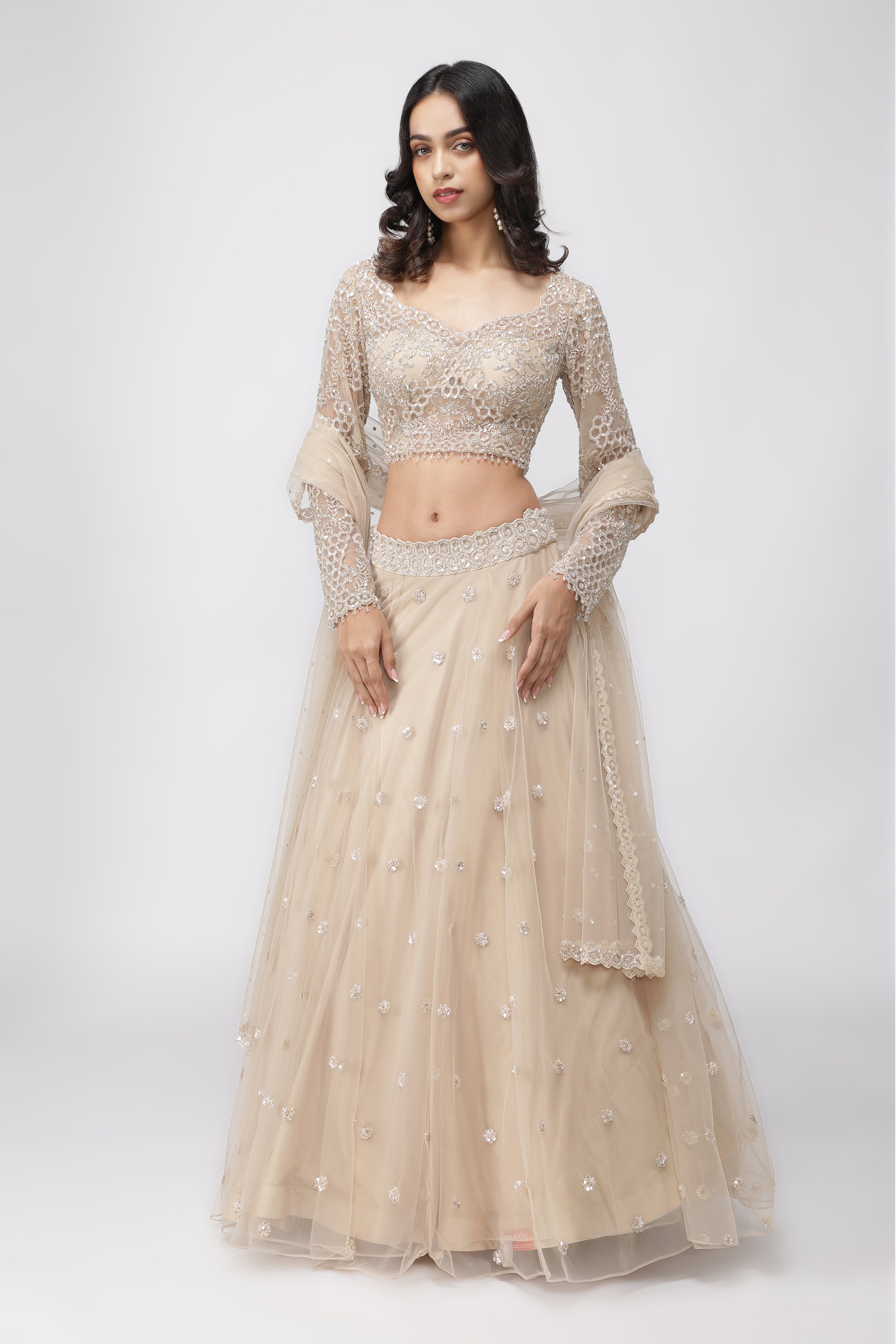 Light Beige Net Lehenga Set with Sequin and Cutdana Embroidery