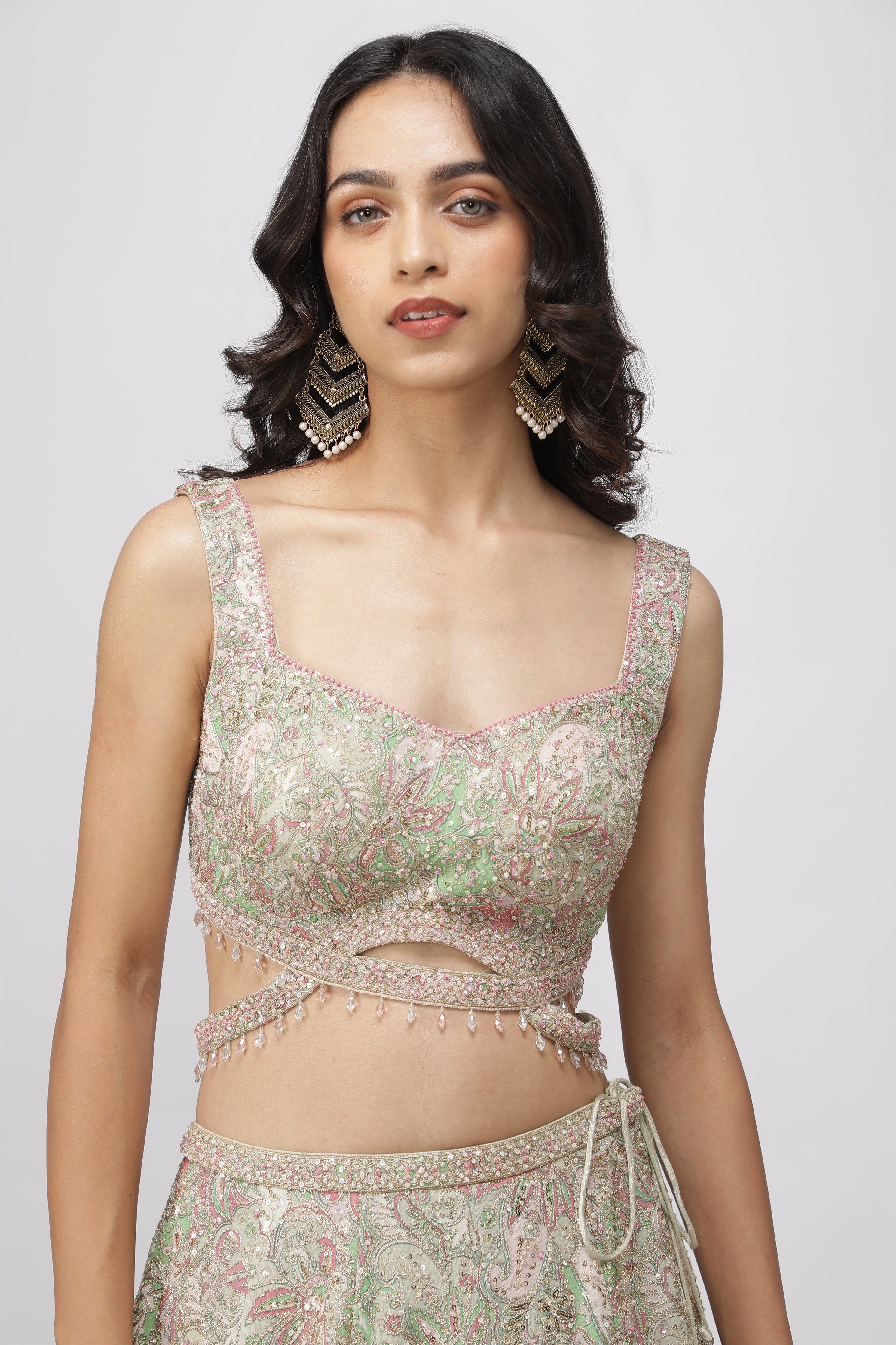 Pastel Green Printed Georgette Lehenga Set with Embellished Blouse