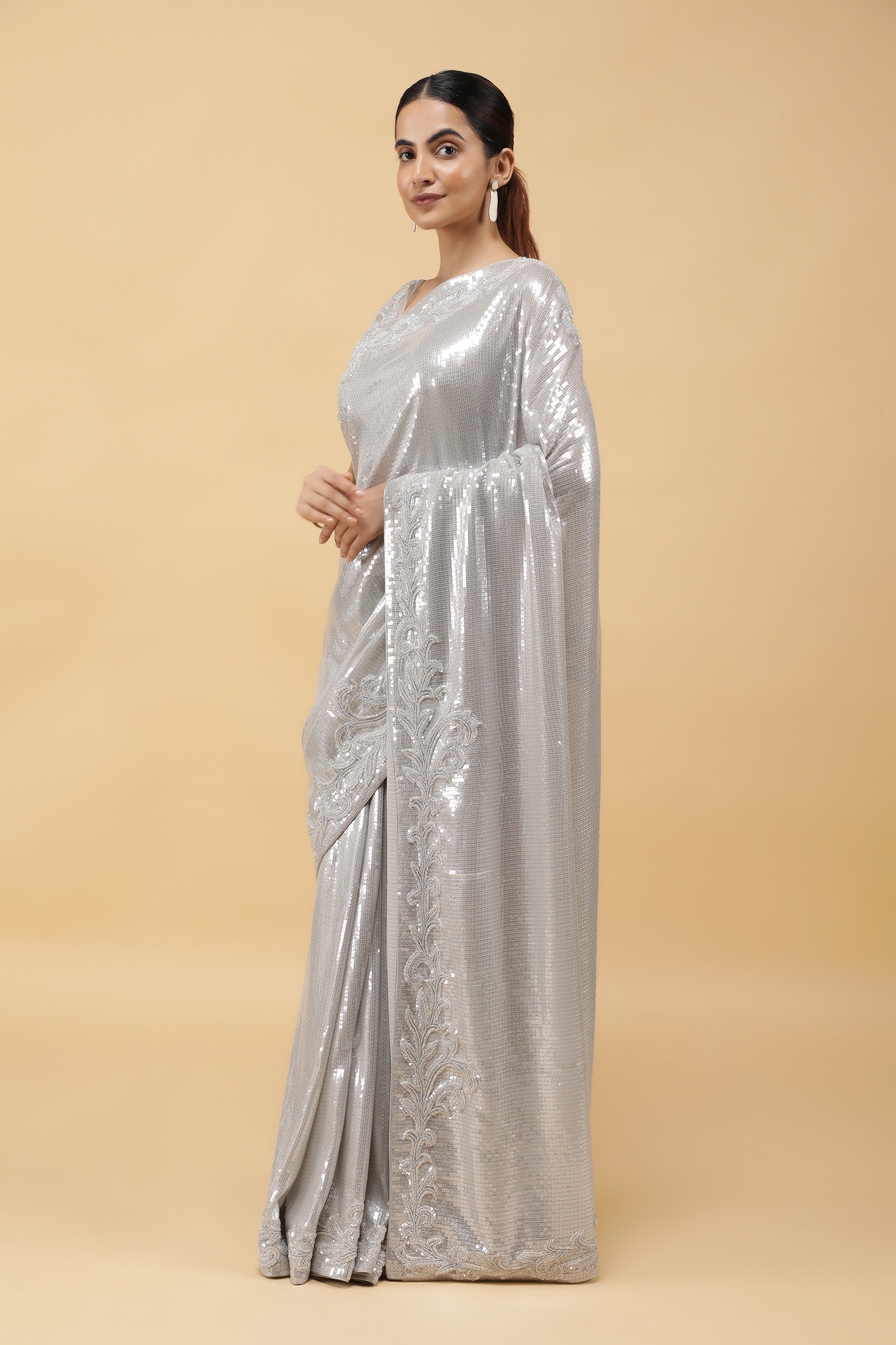 Silver Net Saree All Over Sequins Readymade Blouse