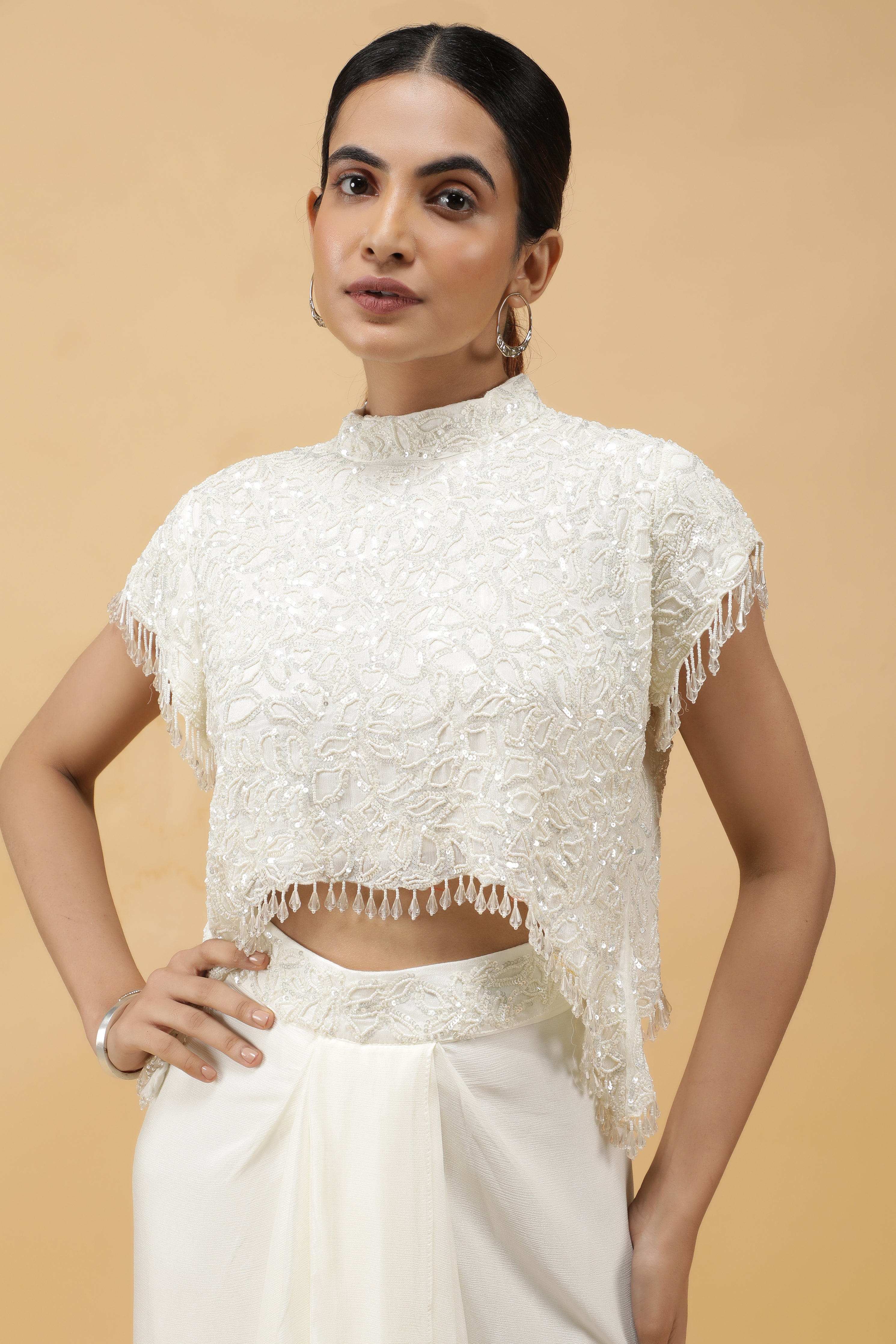 Ivory Gleam Pearl Sequin Crop Top & Draped Skirt Set