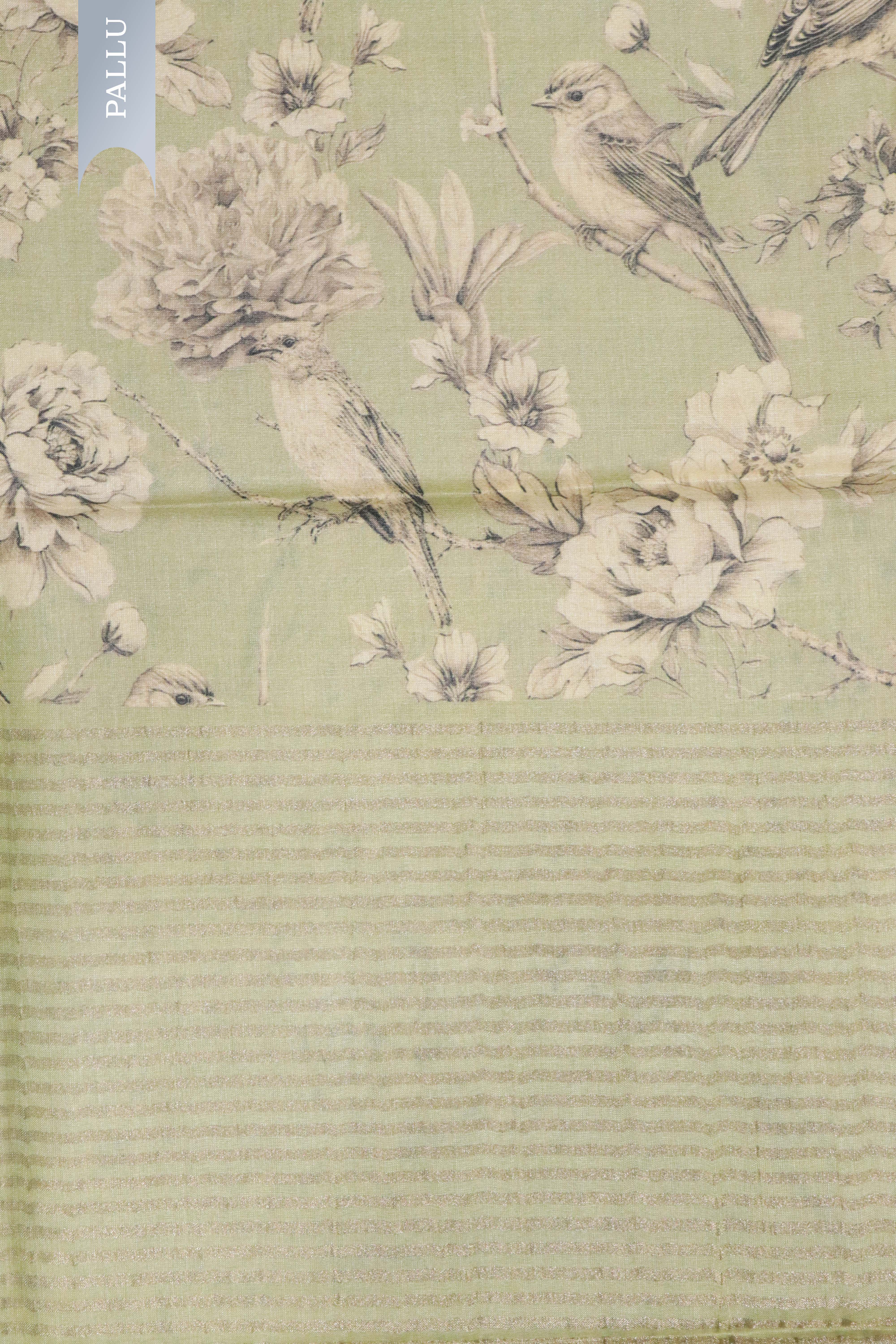 Green Tussar Silk Saree with Bird & Floral Print Border