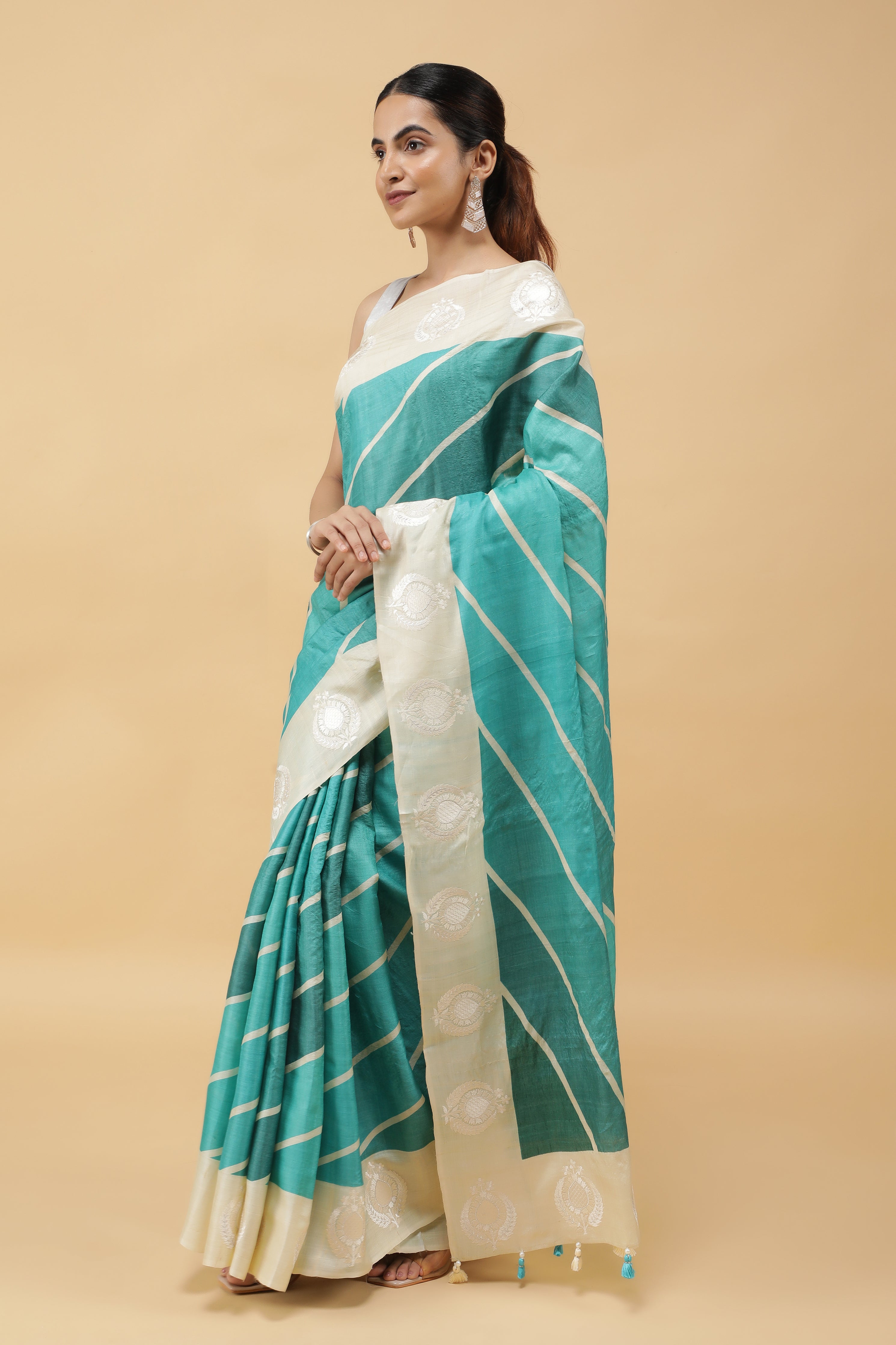Turquoise Blue Tussar Silk Saree with Zari Motifs