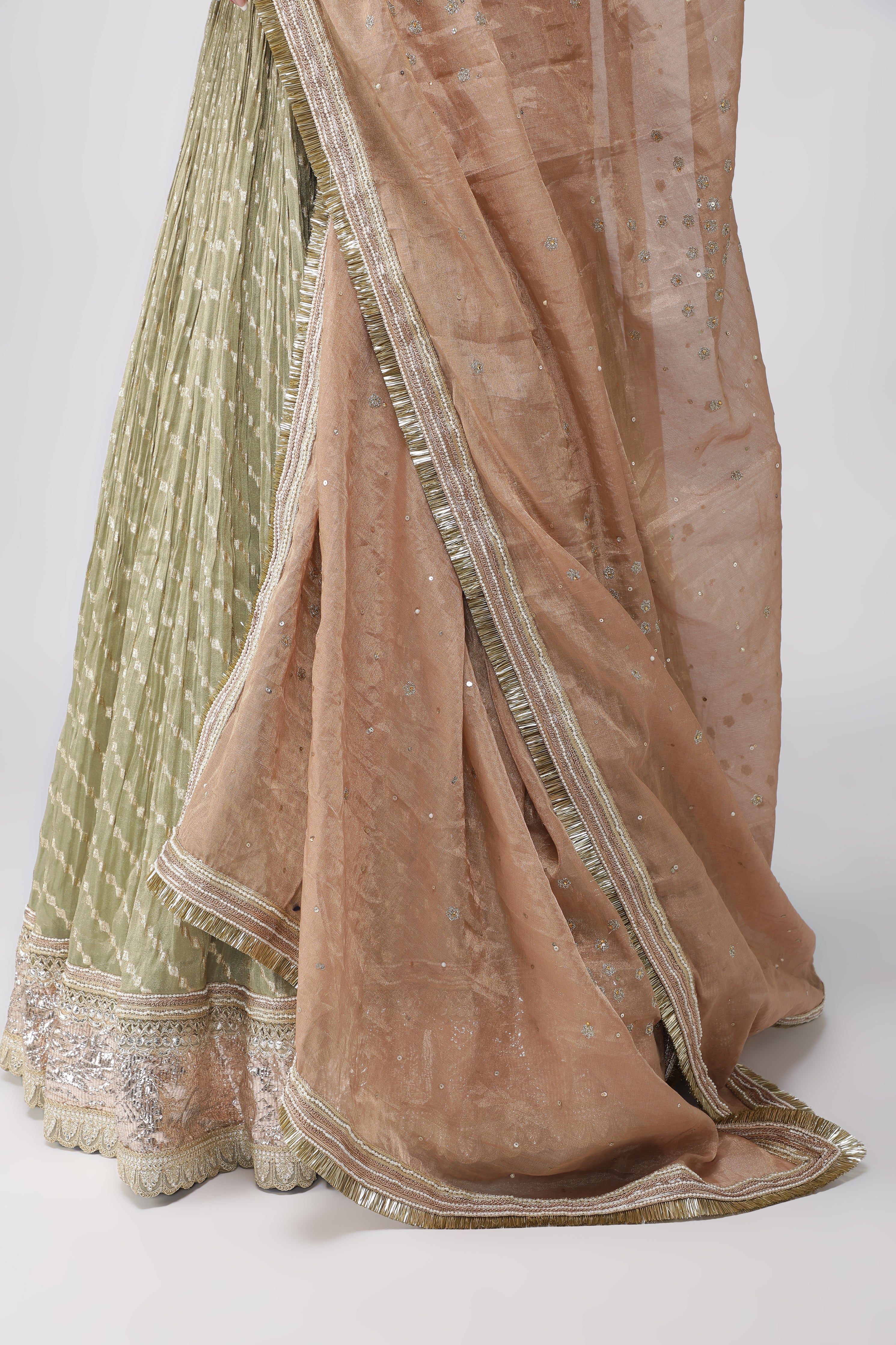 Green Chanderi Tissue Lehenga with Zari and Sequins Embroidery