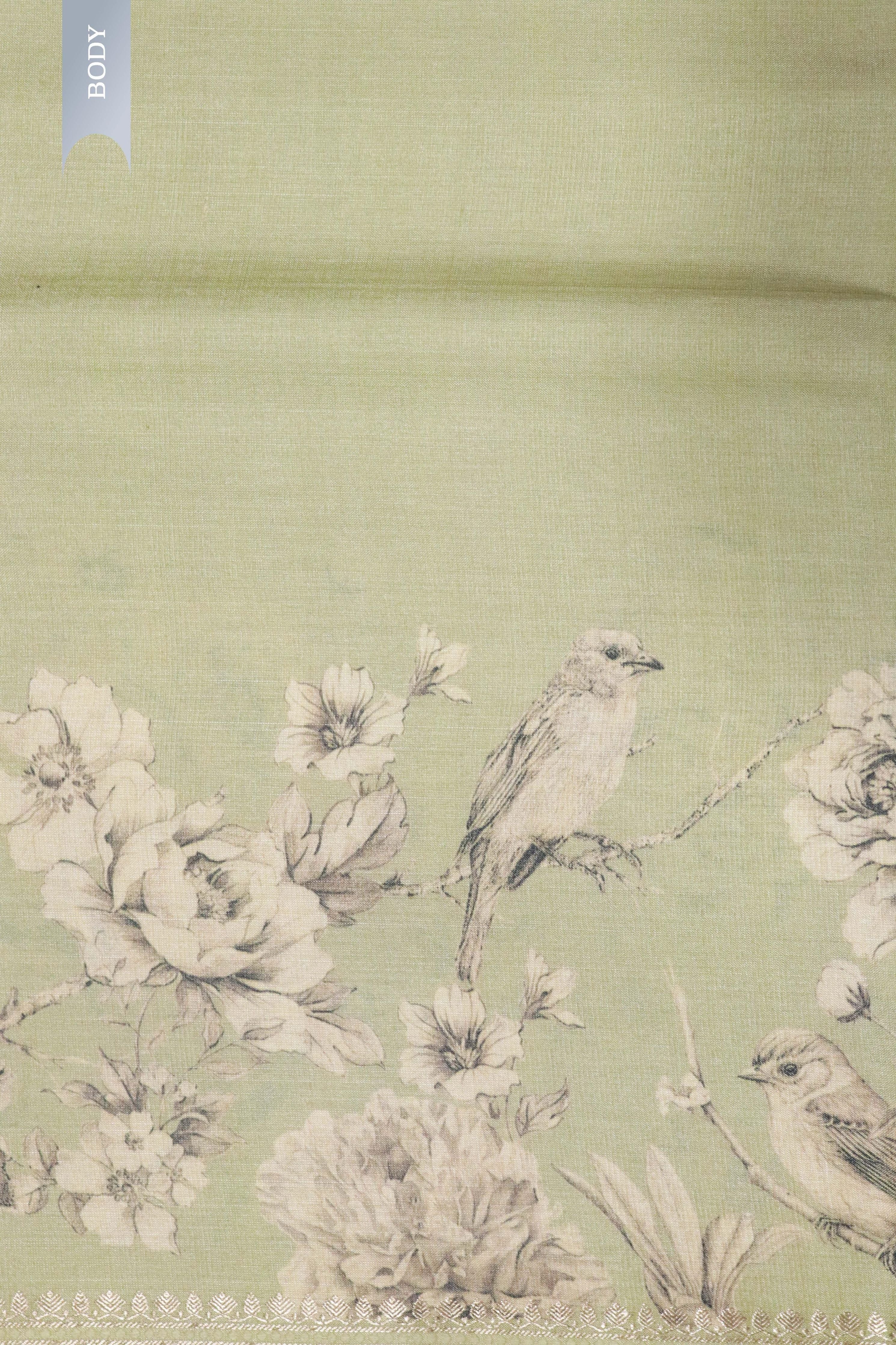 Green Tussar Silk Saree with Bird & Floral Print Border - Mokshaa