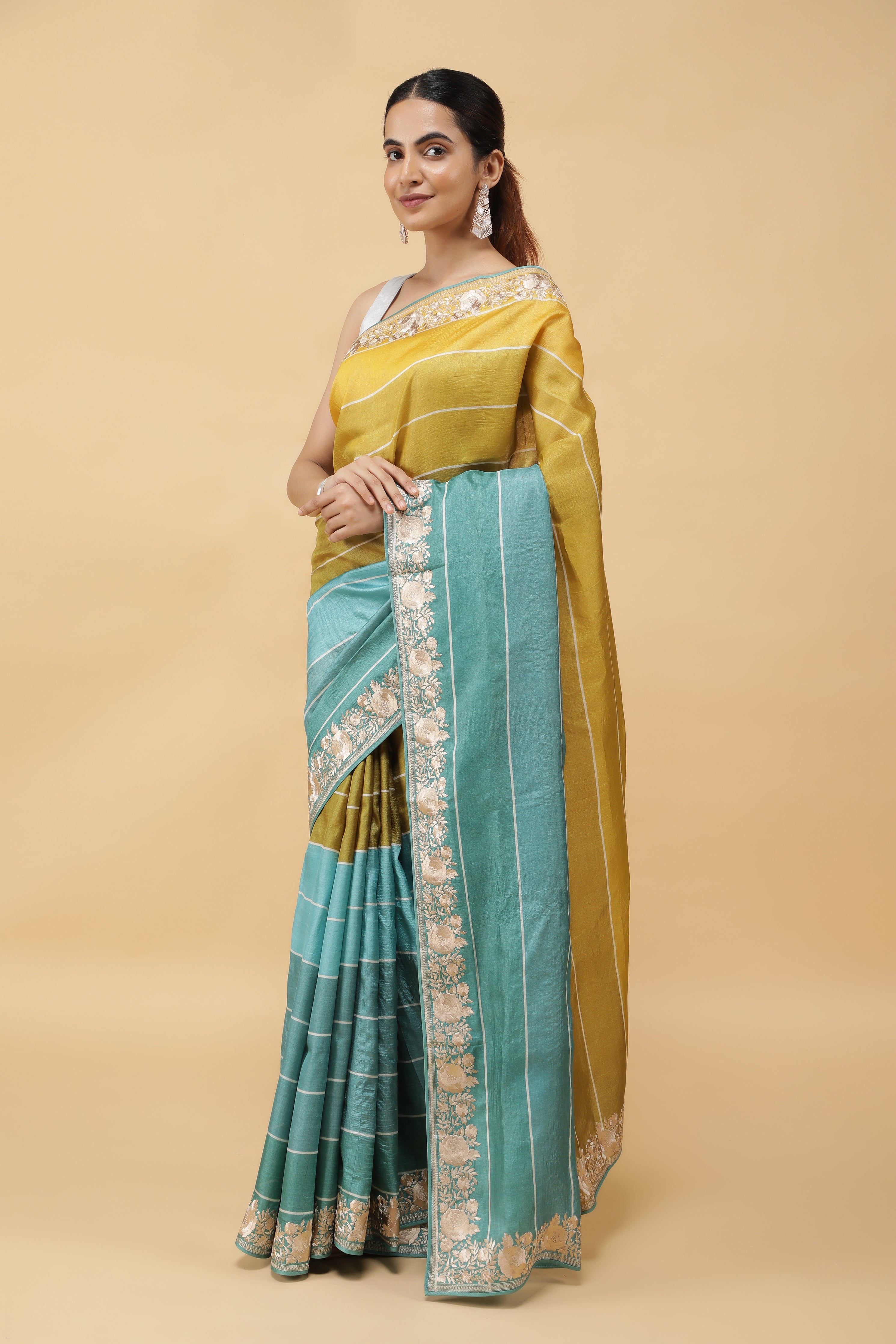 Green & Blue Tussar Silk Saree with Thread Embroidered Border