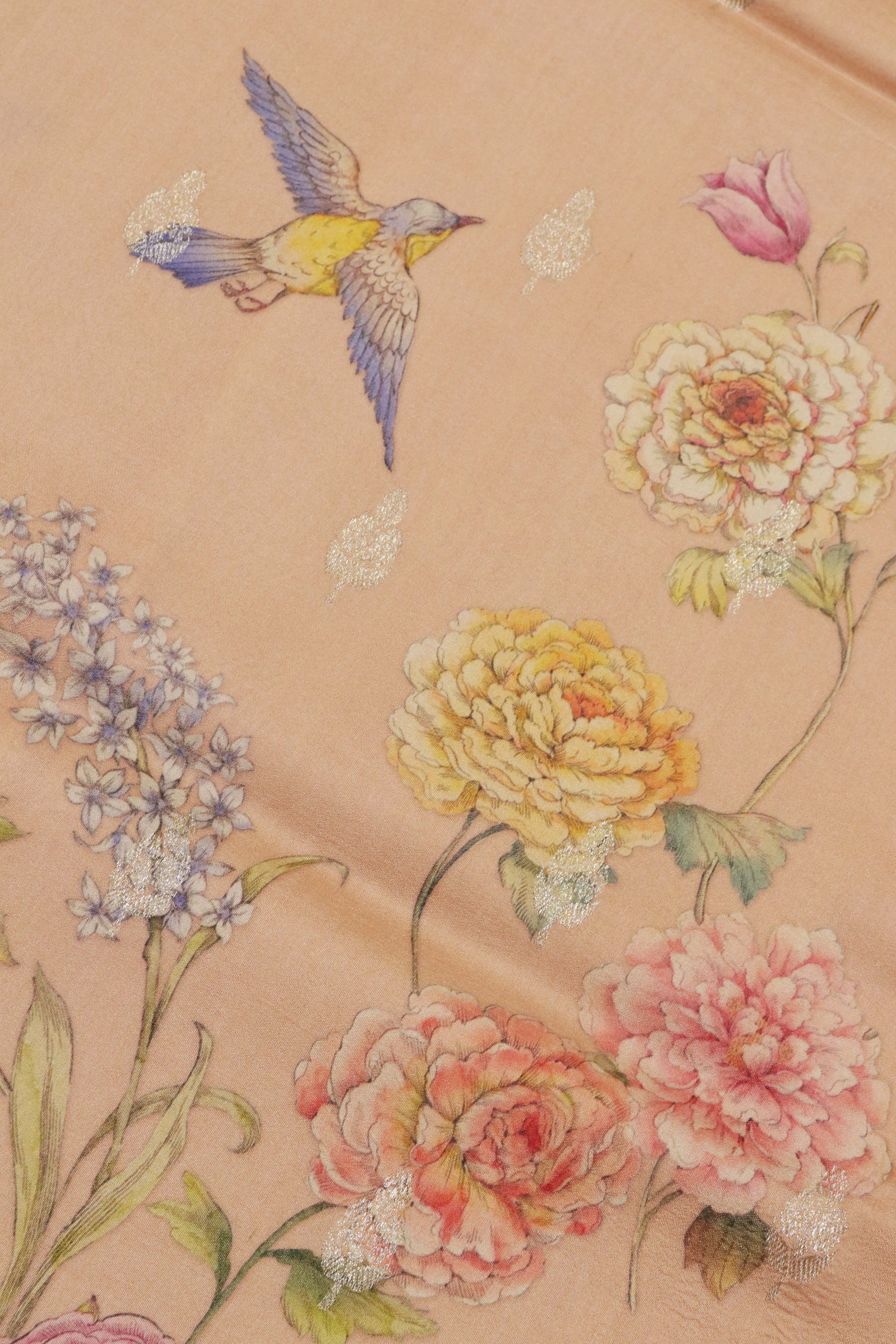 Tussar Silk Saree in Peach with Floral Print & Zari Border