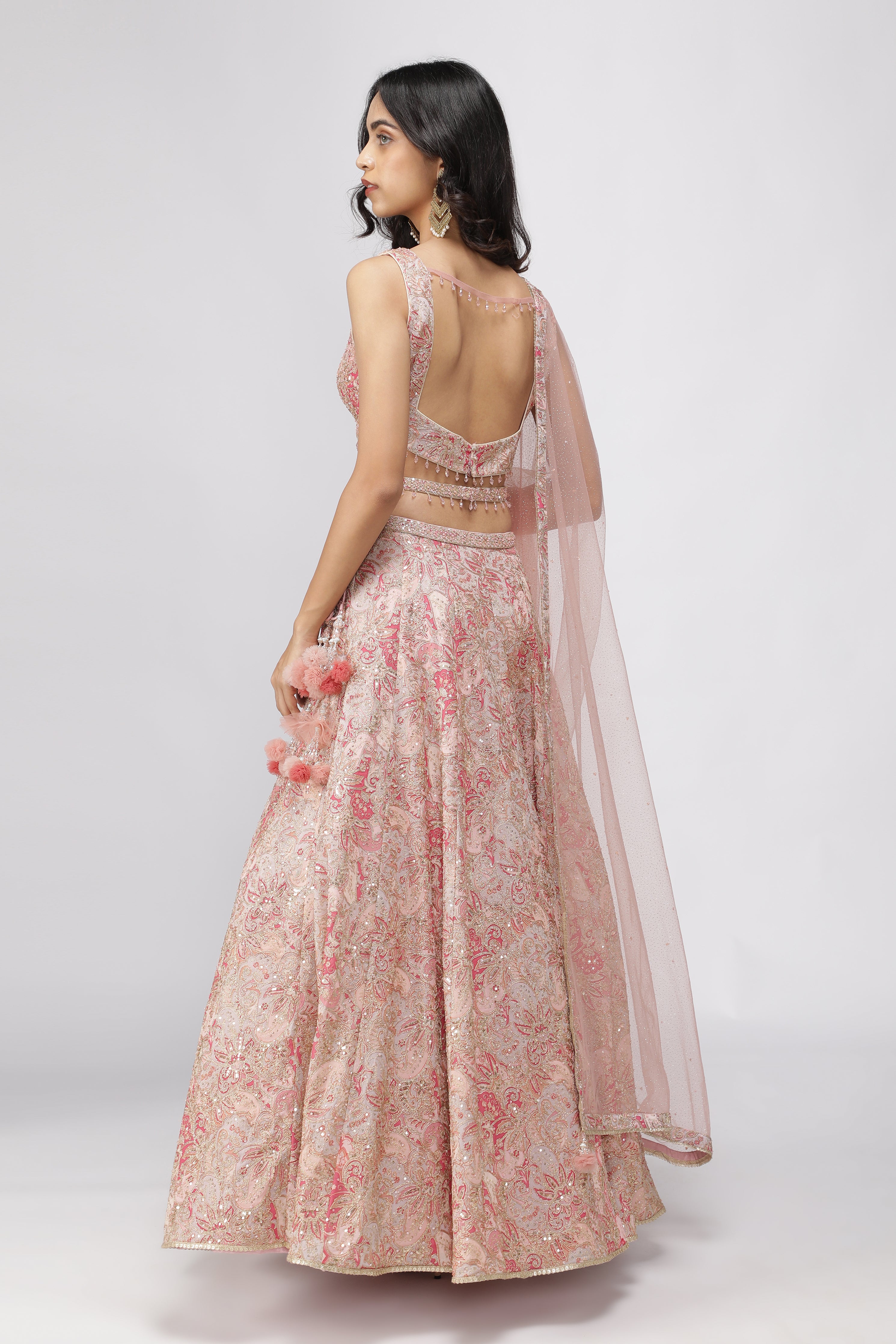 Peach Printed Georgette Lehenga Set with Net Dupatta