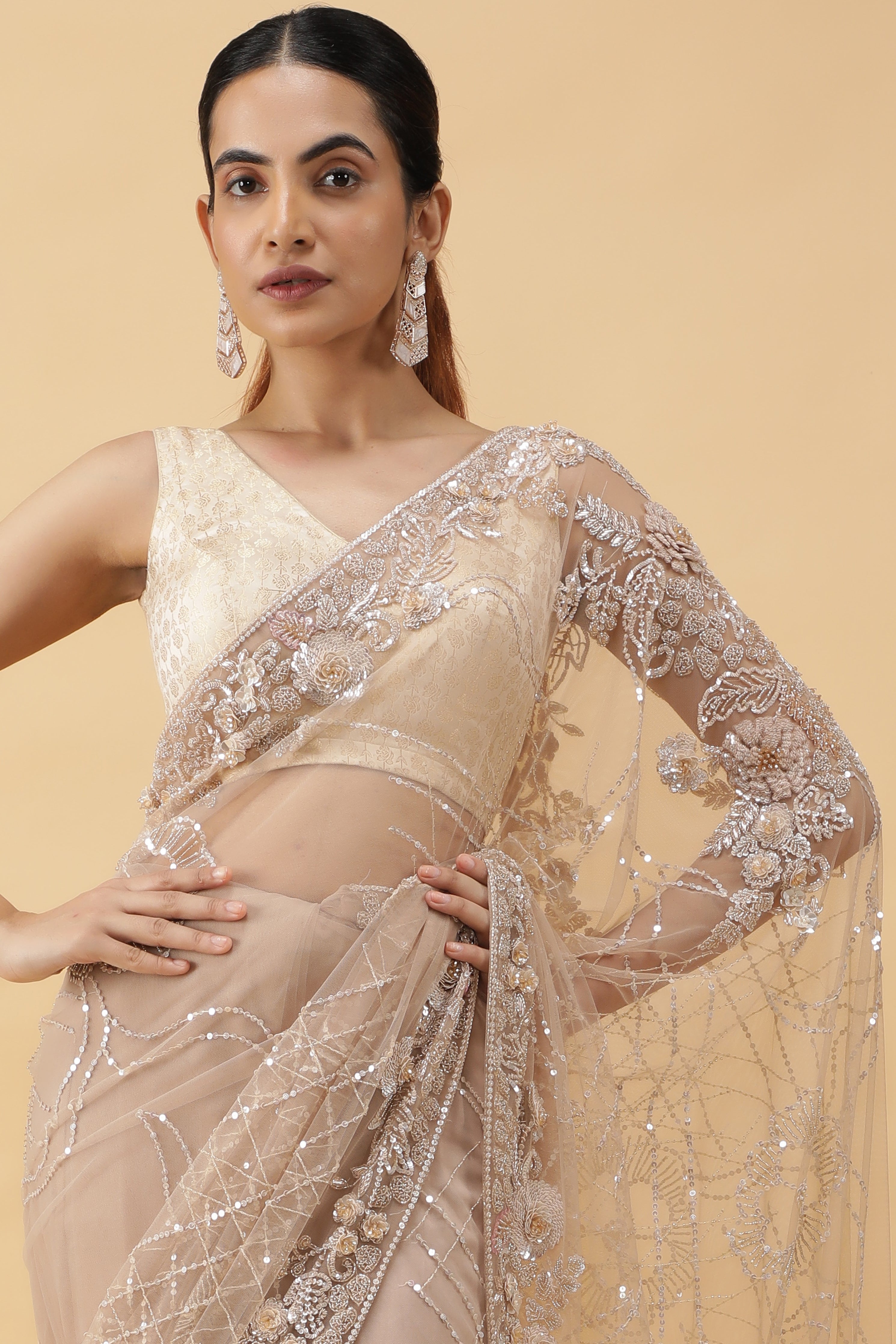 Beige Net Saree with All Over Sequins Work