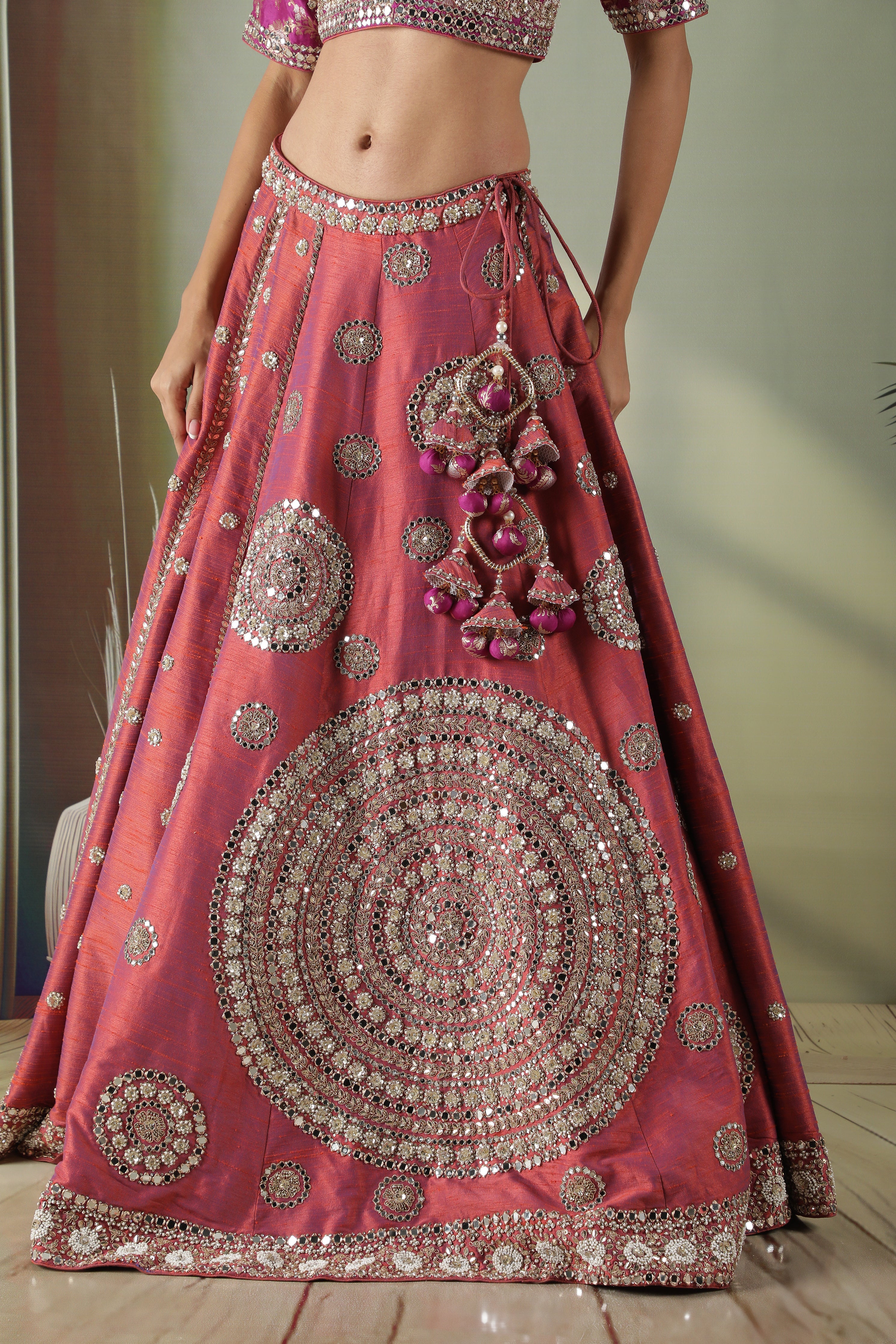 Dark Coral Raw Silk Mirror Work Lehenga Set