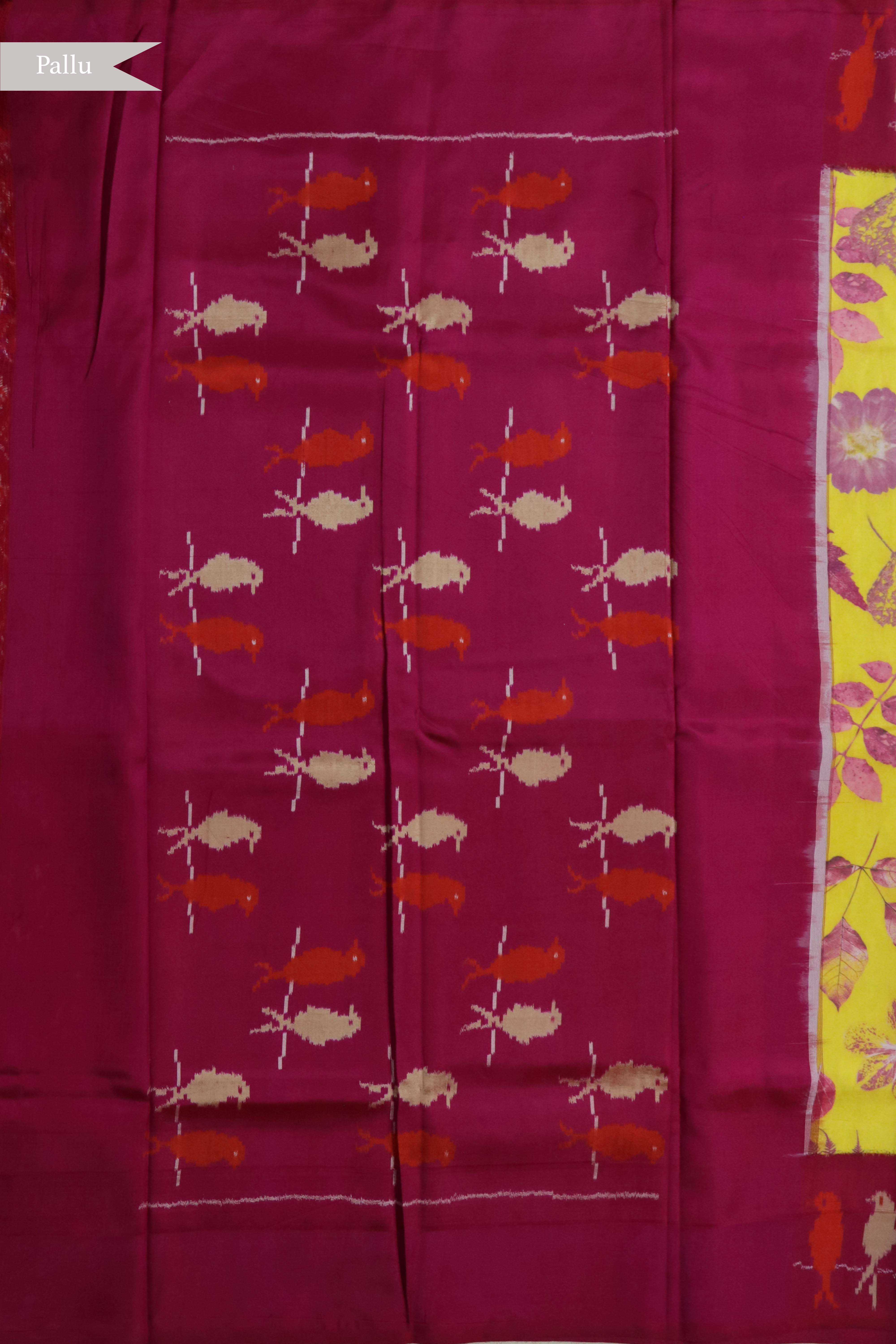 Yellow Printed Silk Saree with Ikat Border