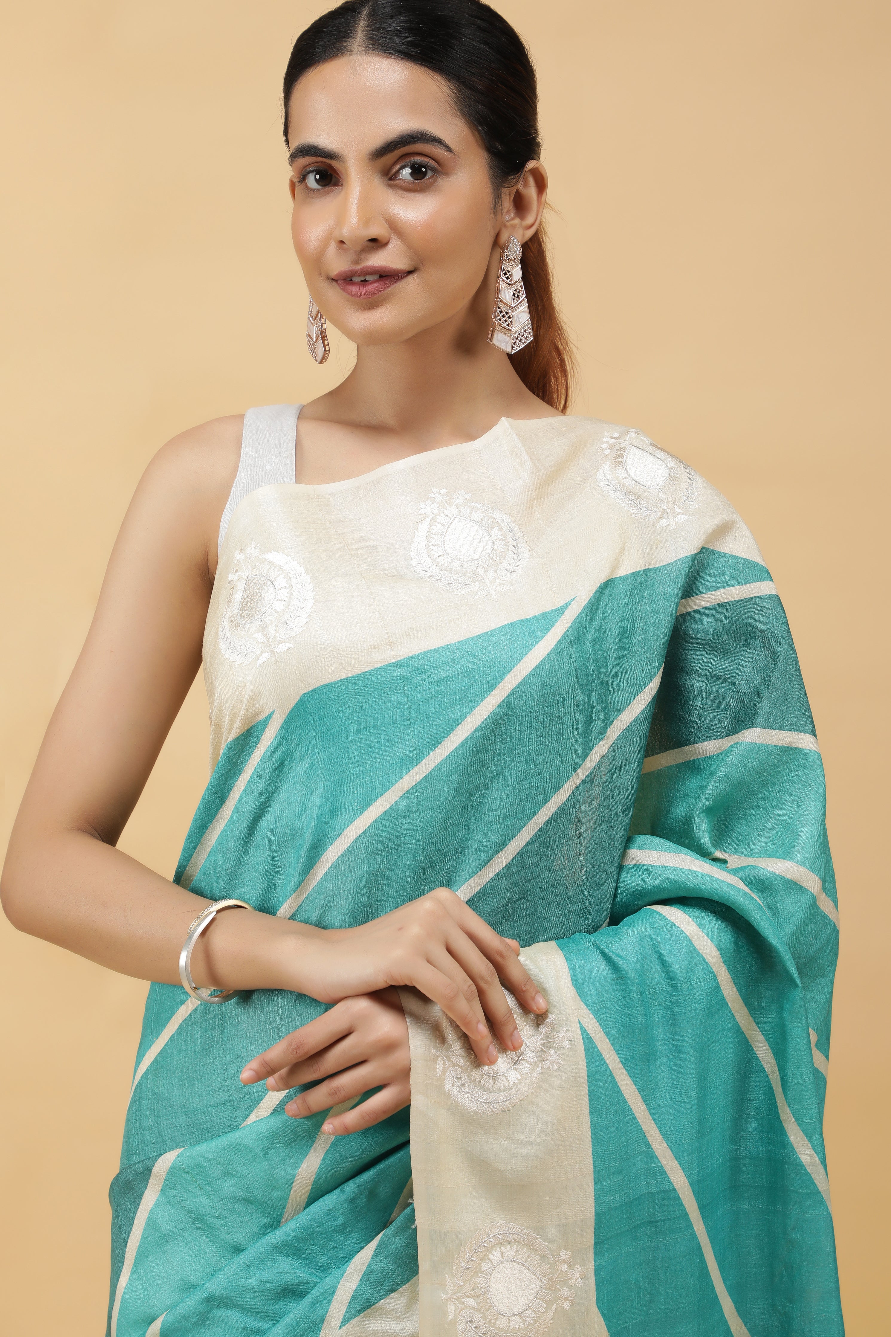Turquoise Blue Tussar Silk Saree with Zari Motifs