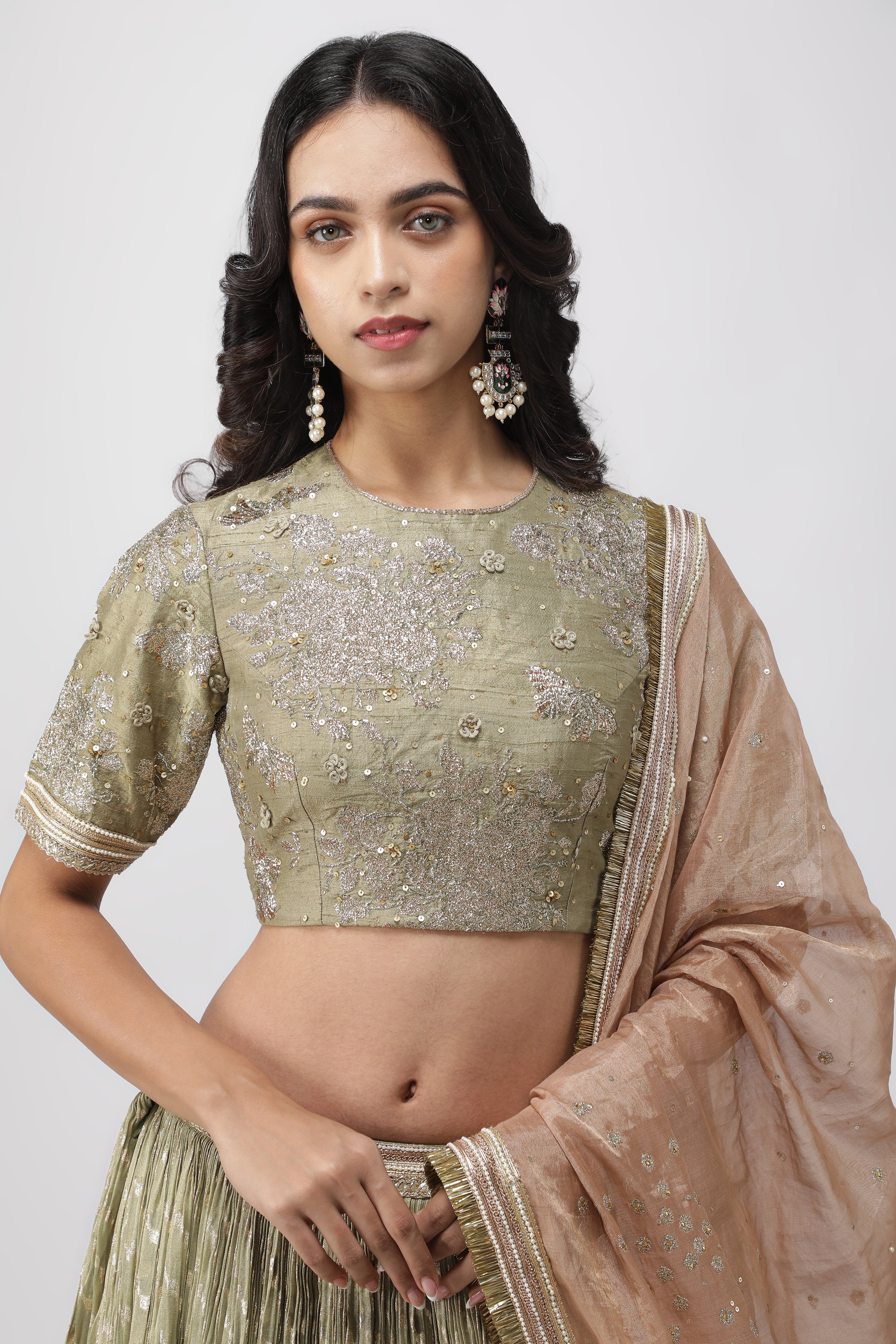 Green Chanderi Tissue Lehenga with Zari and Sequins Embroidery