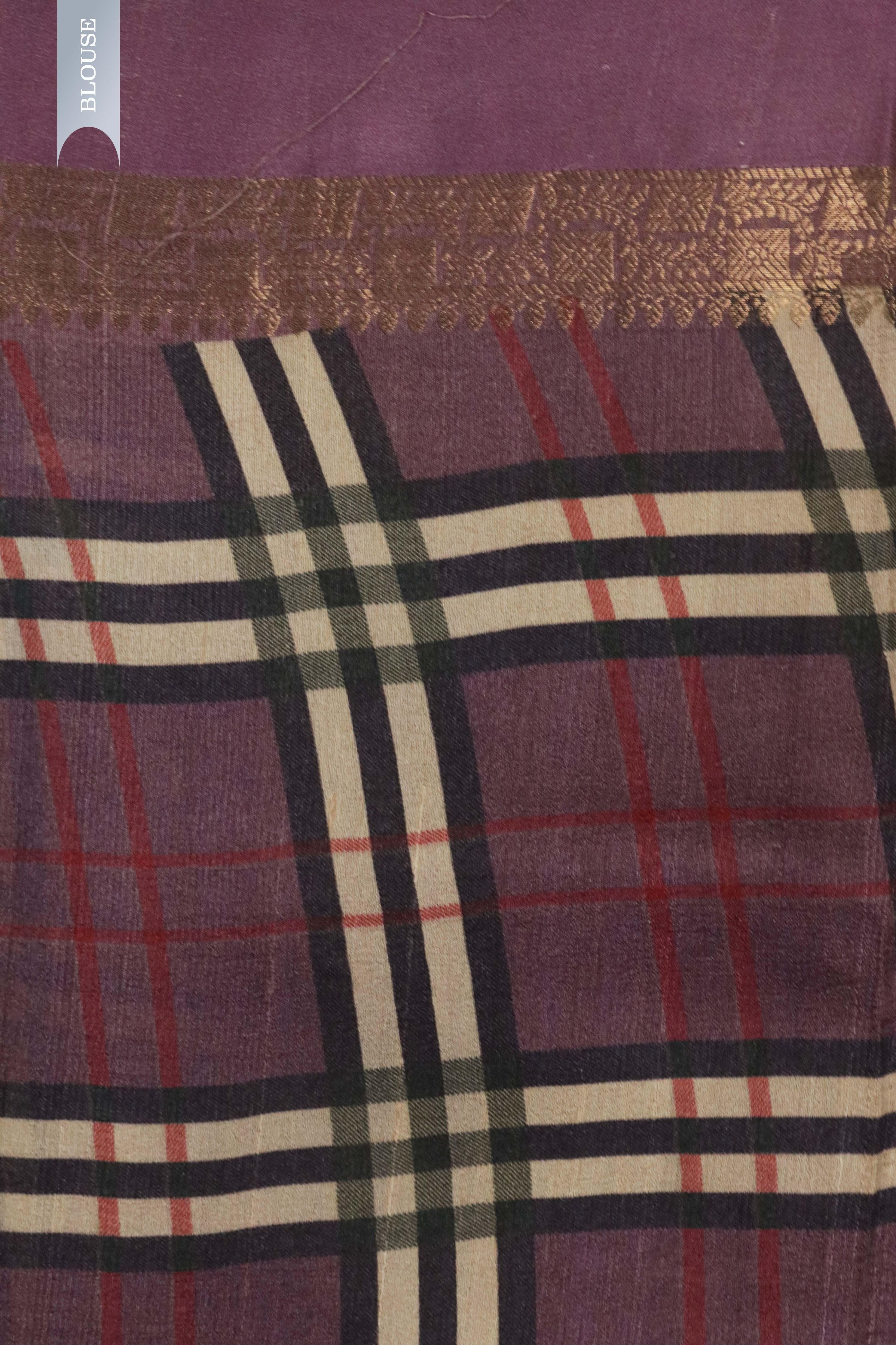 Wine Tussar Silk Saree with Satin Checks Border - Mokshaa