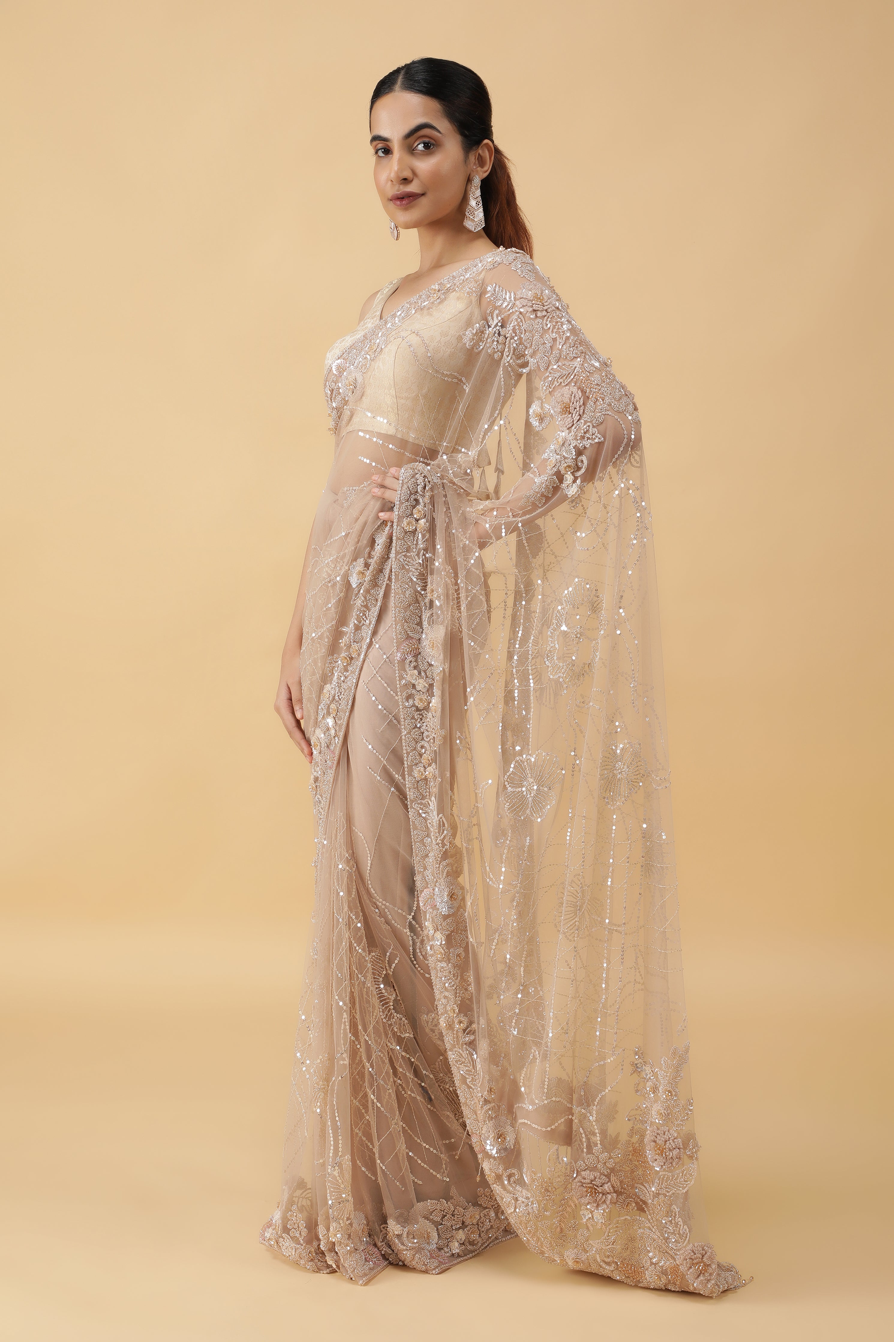 Beige Net Saree with All Over Sequins Work