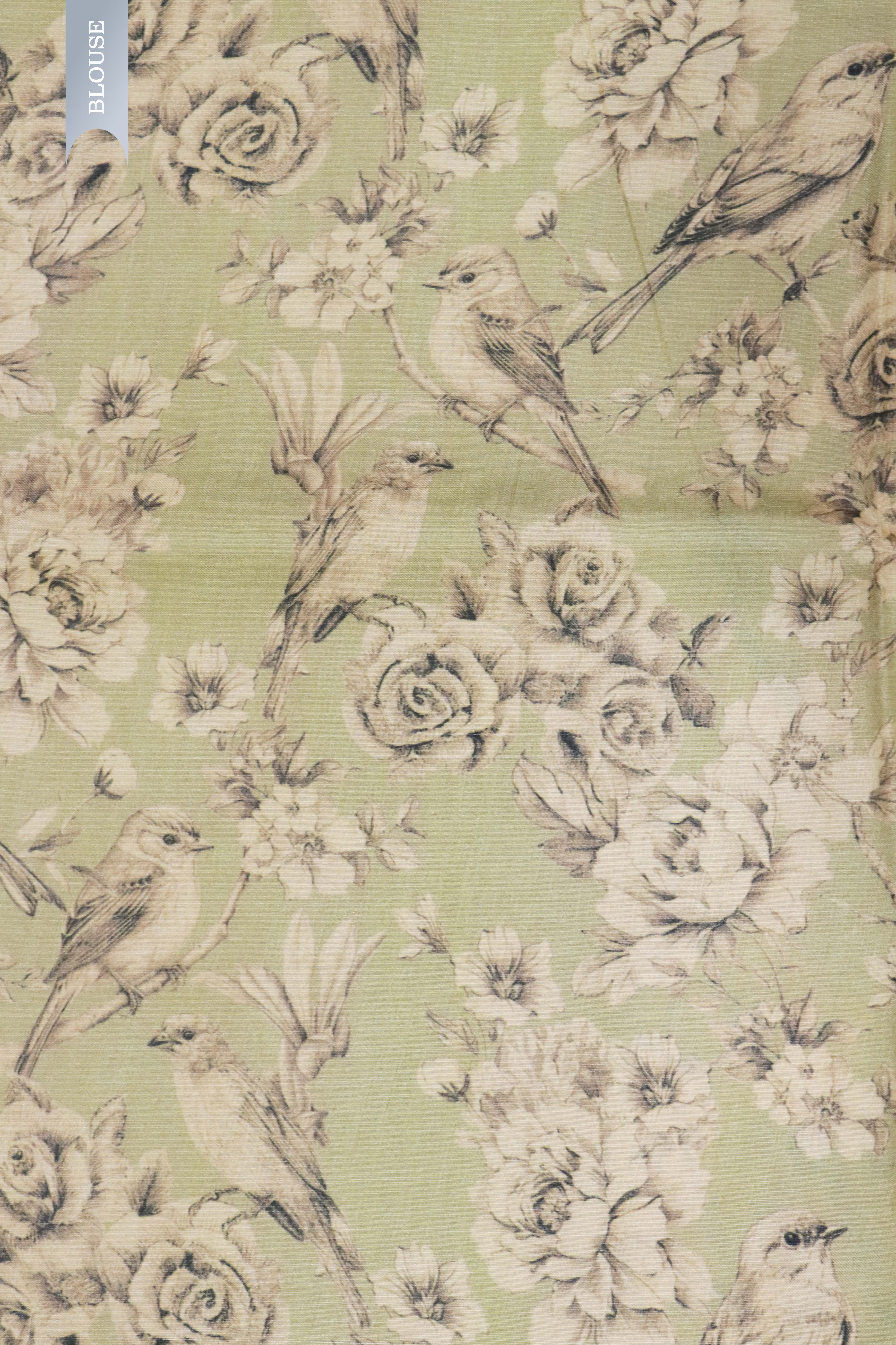 Green Tussar Silk Saree with Bird & Floral Print Border