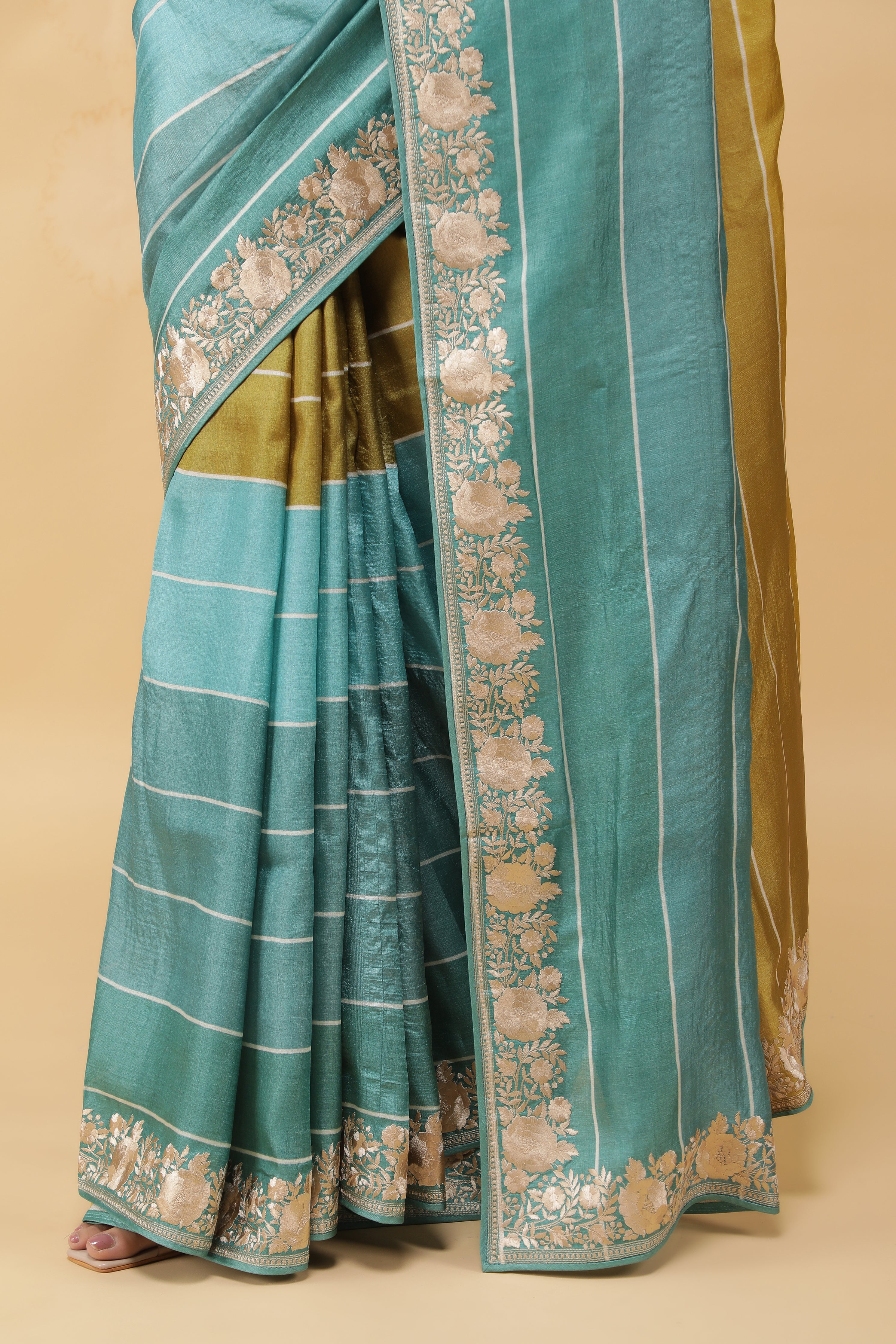 Green & Blue Tussar Silk Saree with Thread Embroidered Border
