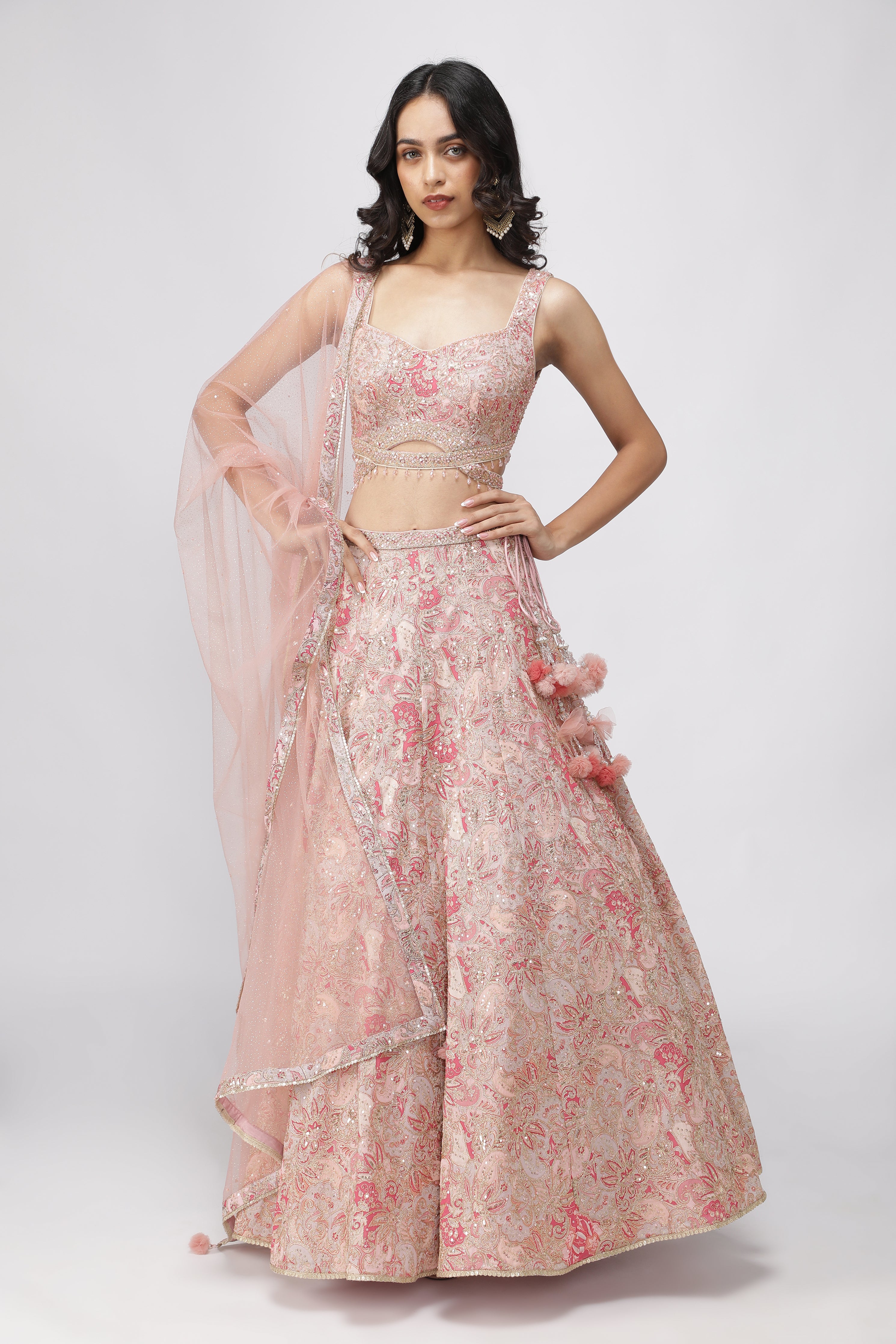 Peach Printed Georgette Lehenga Set with Net Dupatta