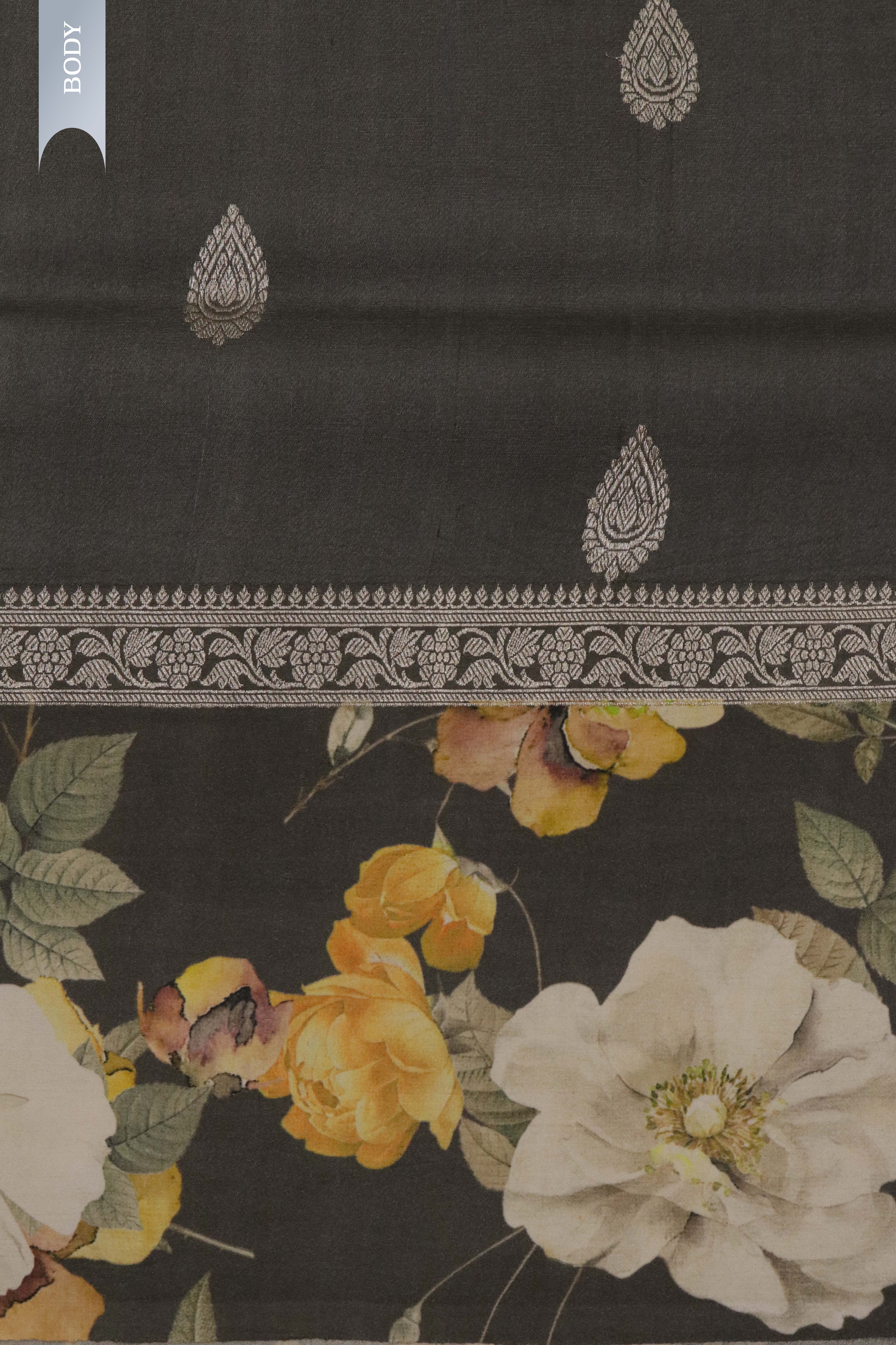 Grey Tussar Silk Saree with Silver Zari Motifs & Floral Print