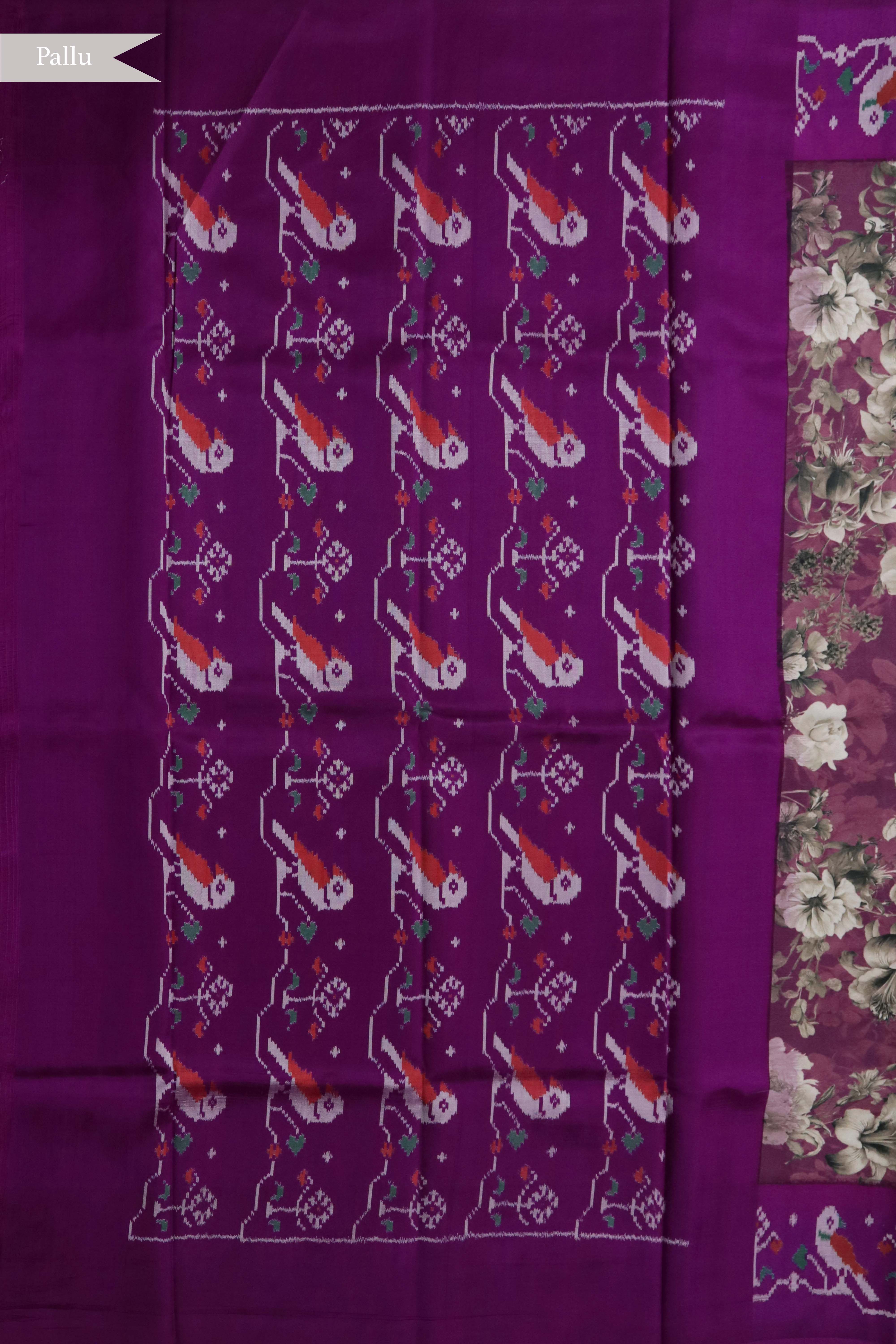 Dusty Wine Silk Saree with Floral Print & Ikat Border