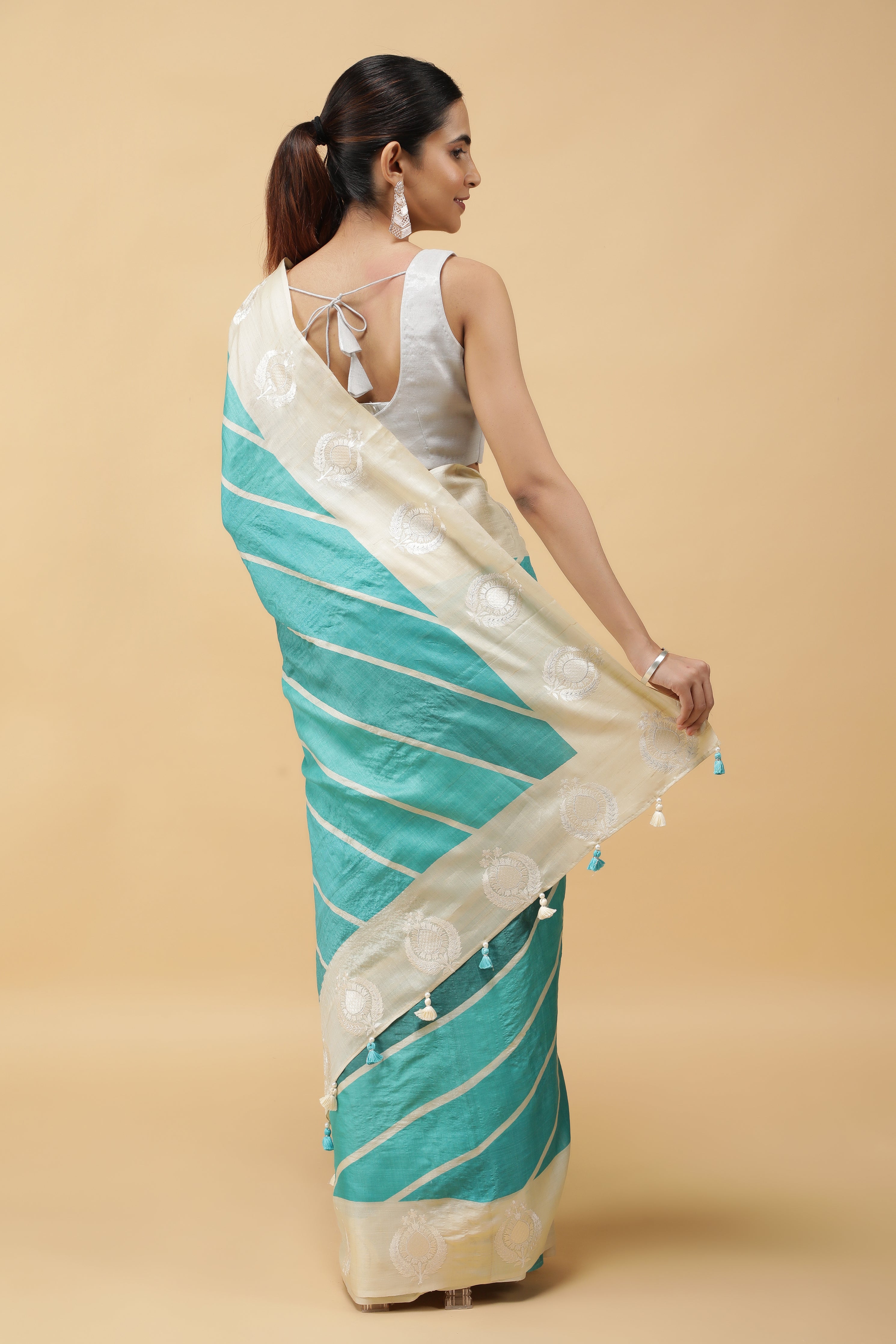 Turquoise Blue Tussar Silk Saree with Zari Motifs