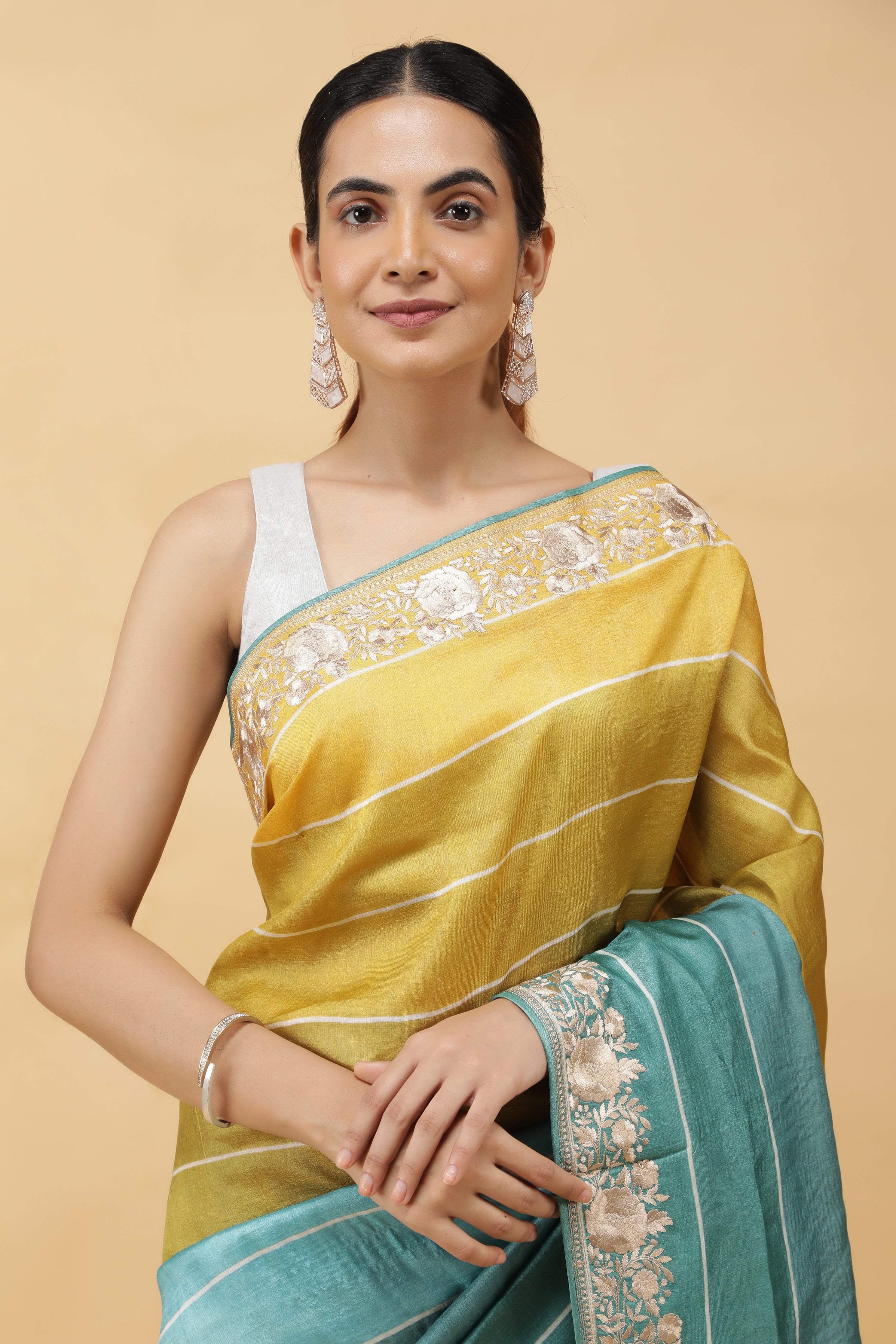 Green & Blue Tussar Silk Saree with Thread Embroidered Border