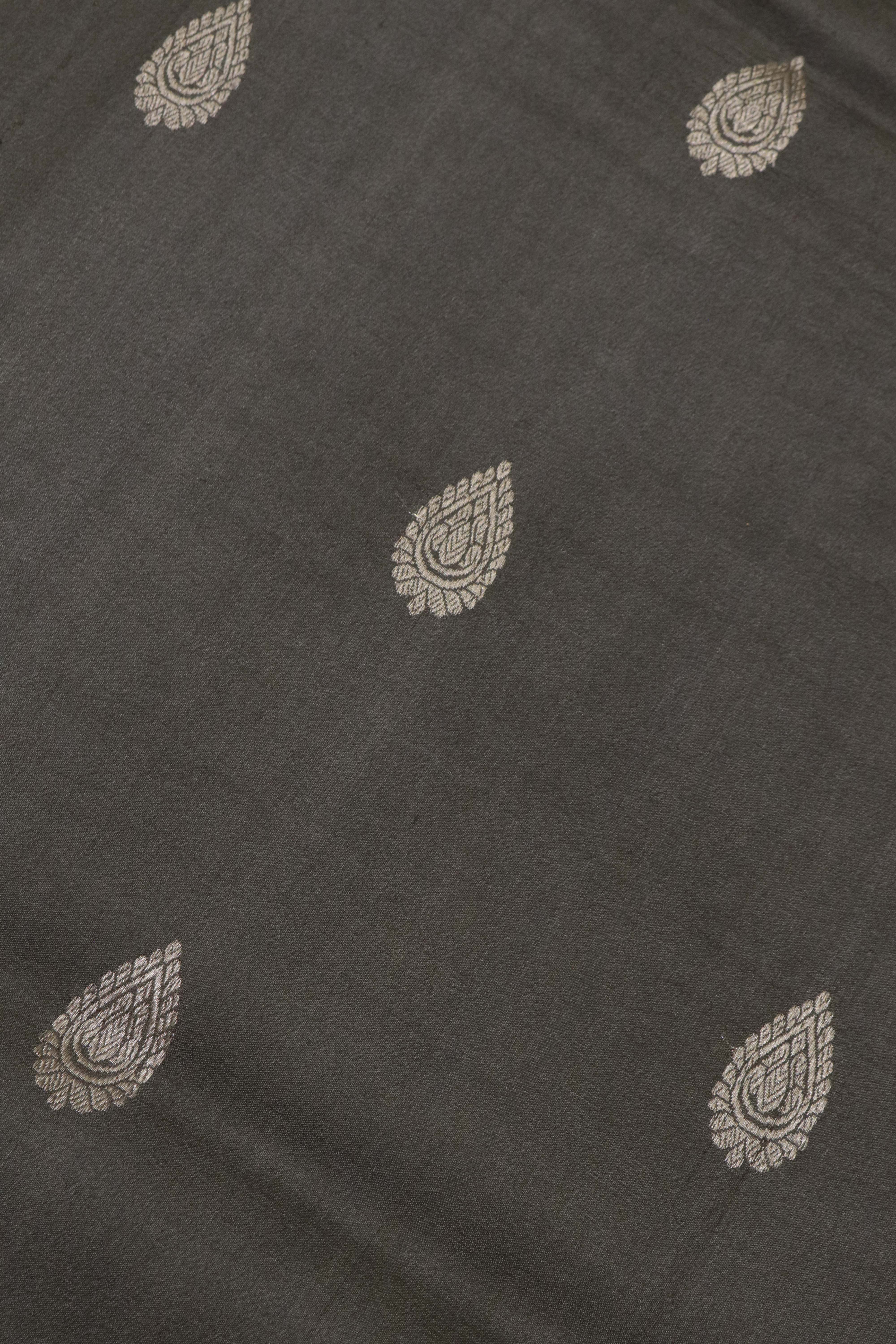 Grey Tussar Silk Saree with Silver Zari Motifs & Floral Print