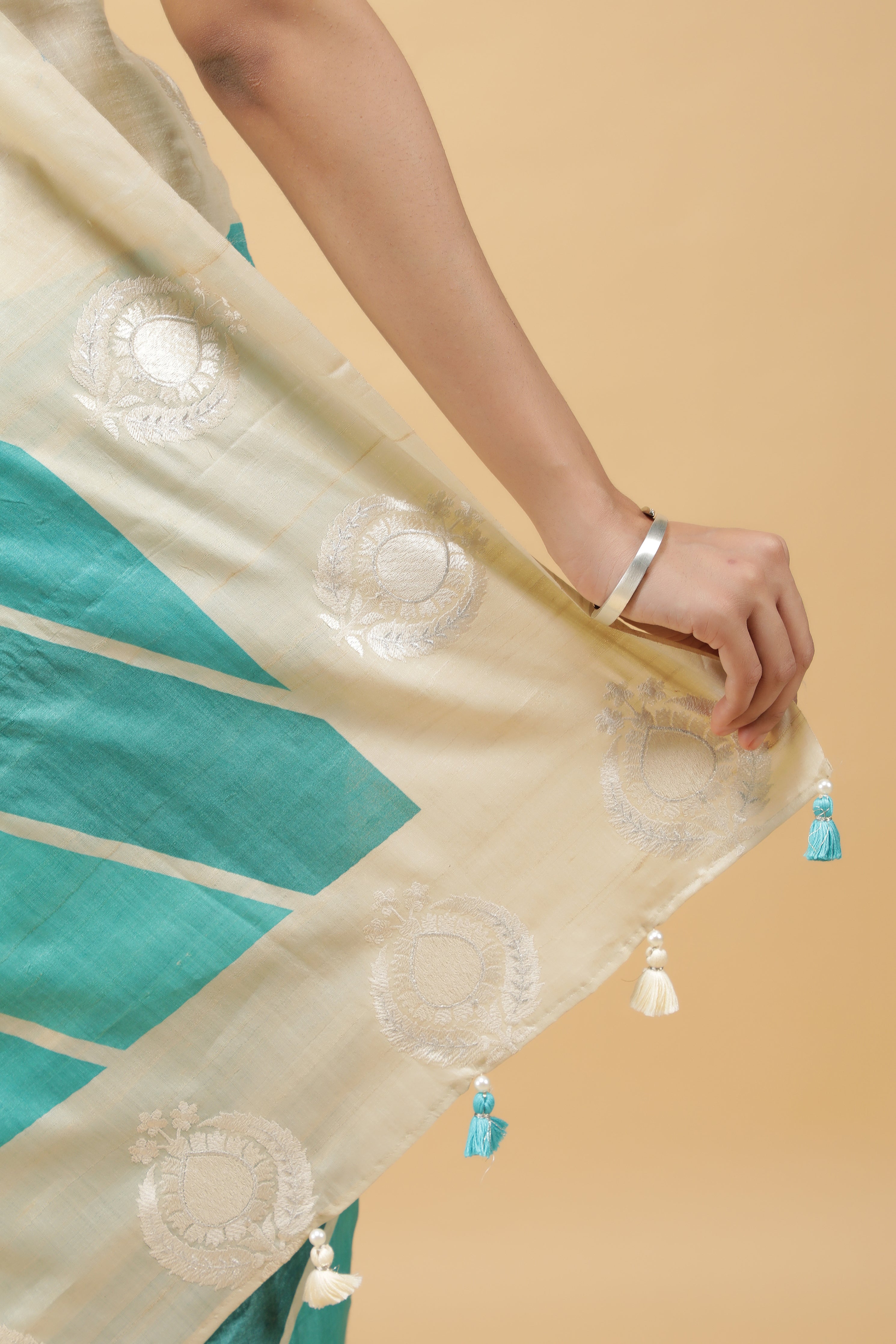 Turquoise Blue Tussar Silk Saree with Zari Motifs