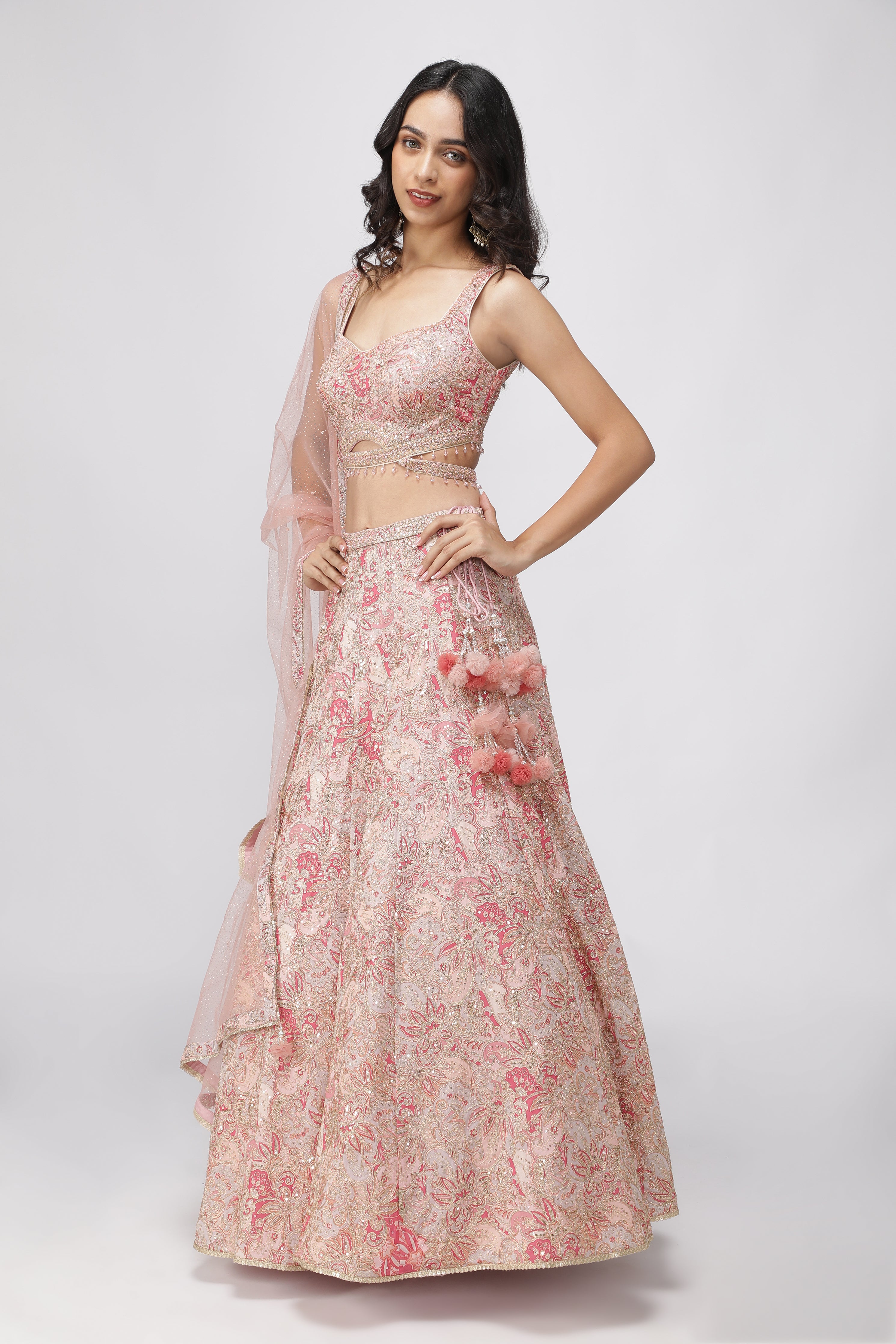 Peach Printed Georgette Lehenga Set with Net Dupatta