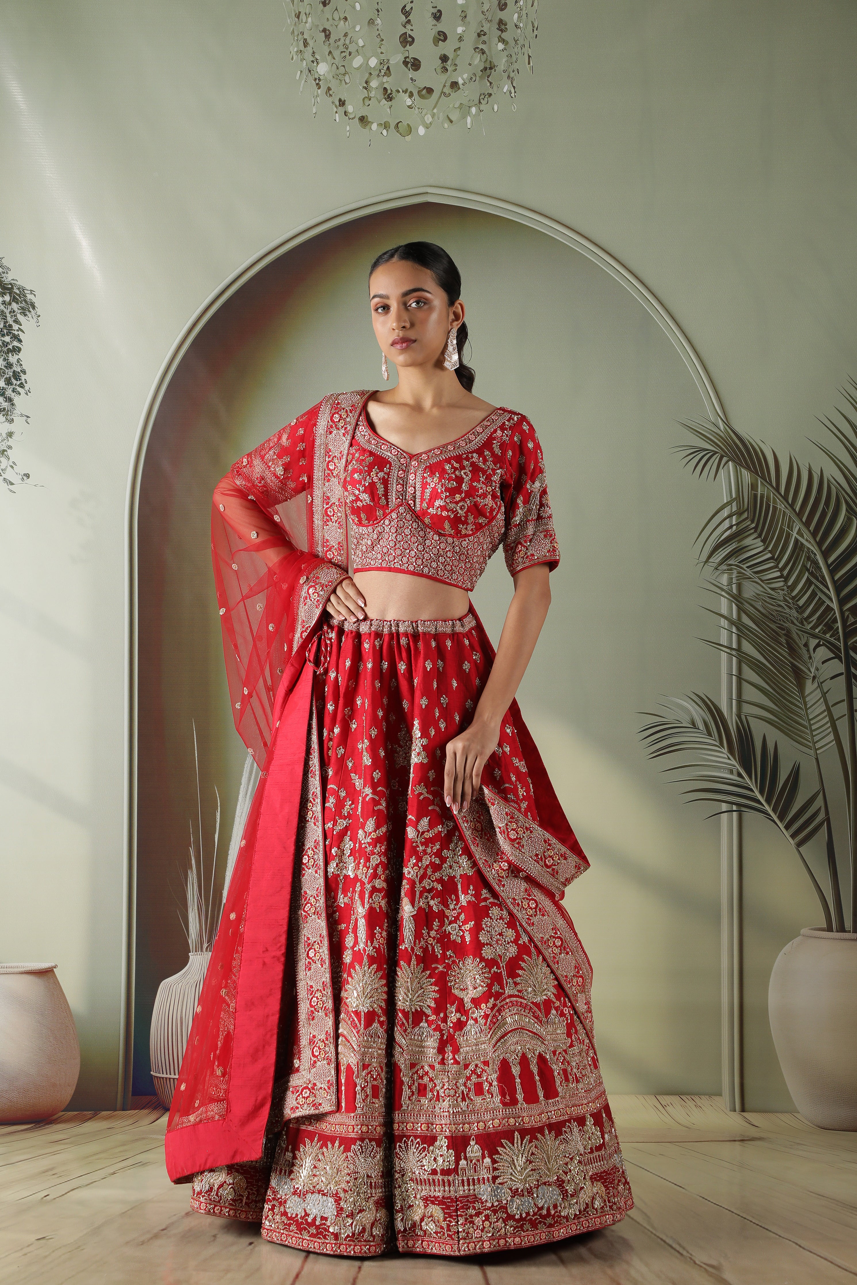 Scarlet Red Raw Silk Bridal Lehenga Set