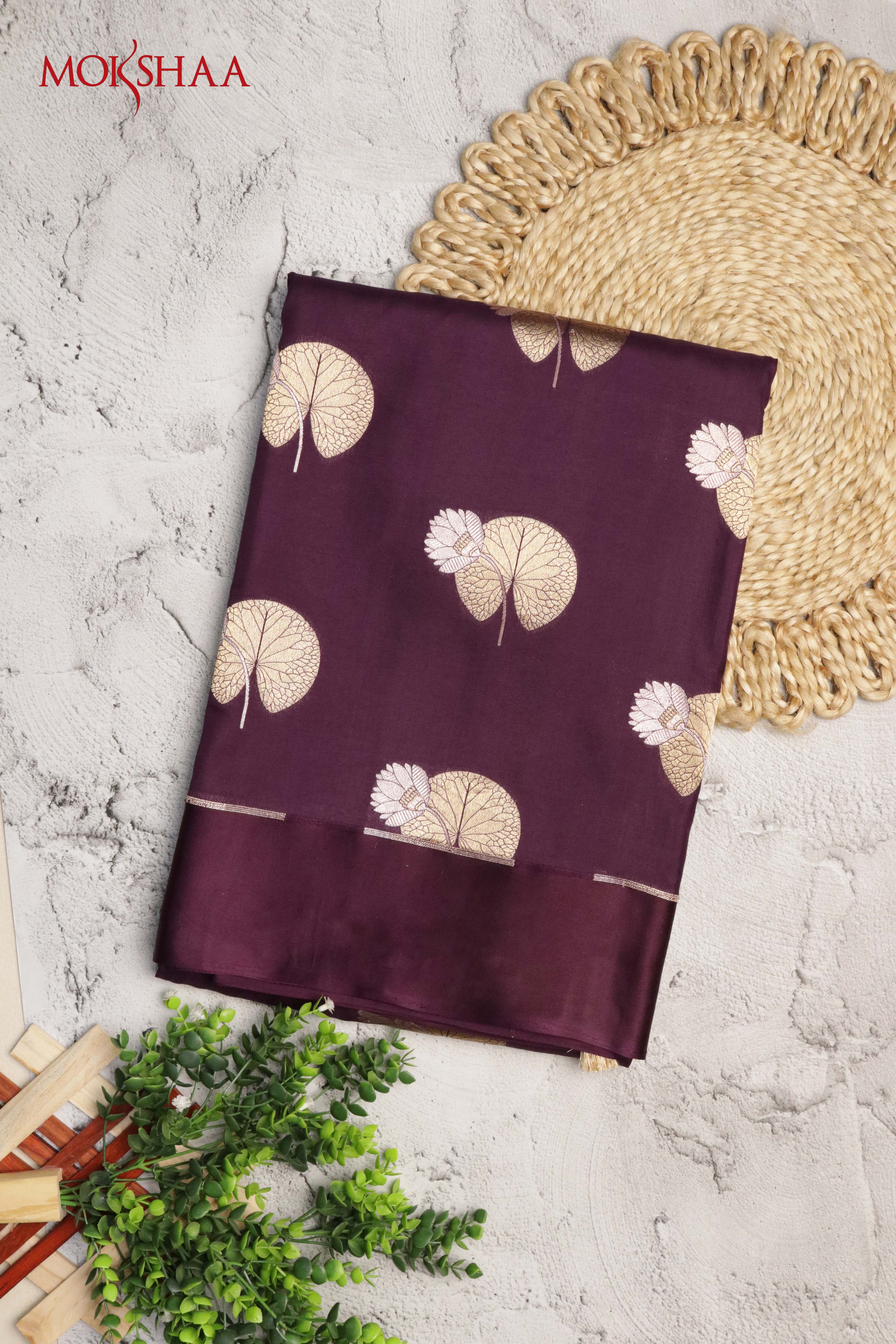 Wine Banarasi Silk Saree with Zari Butta & Satin Border