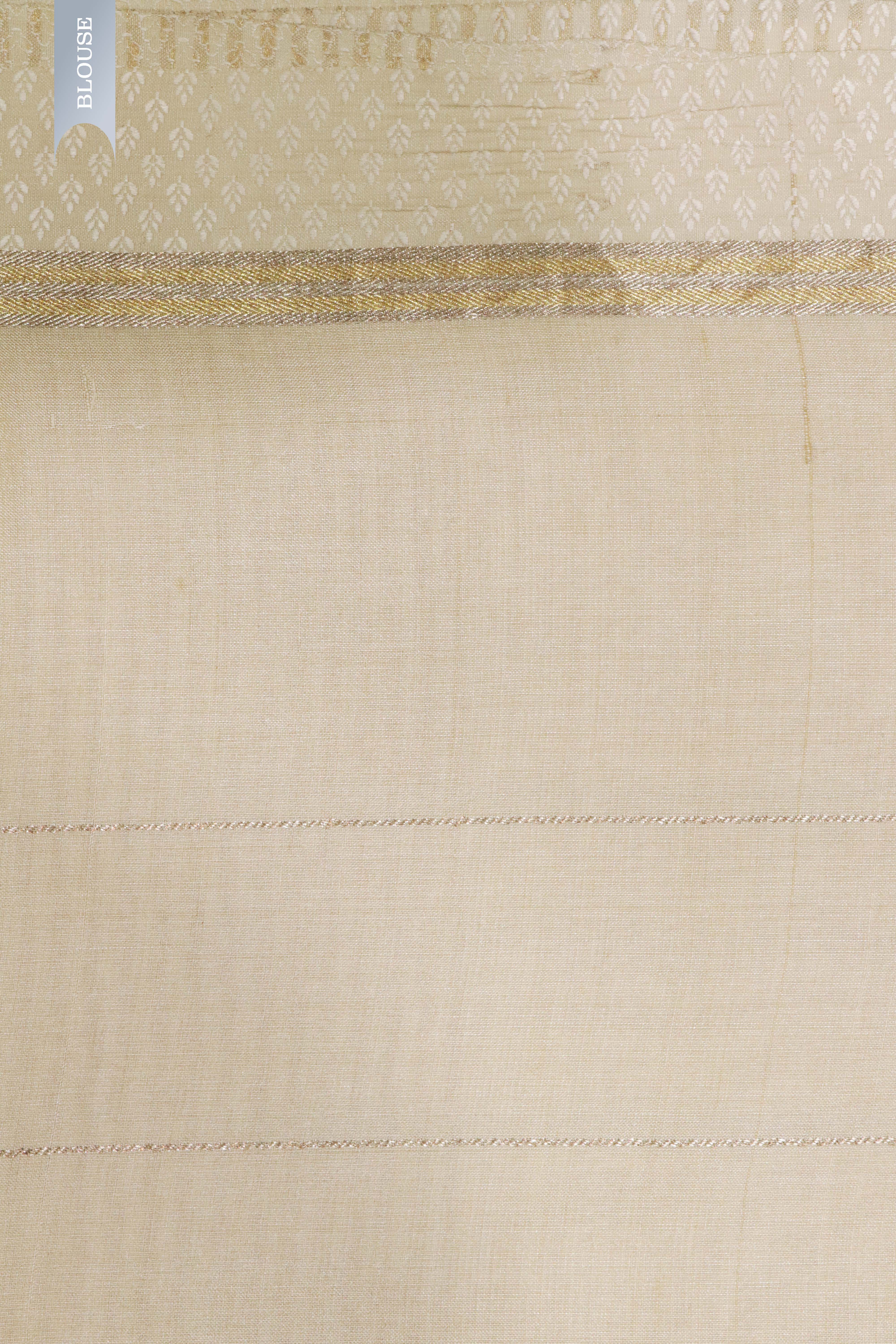 Cream Tussar Silk Saree with Golden Zari Stripes & Floral Print