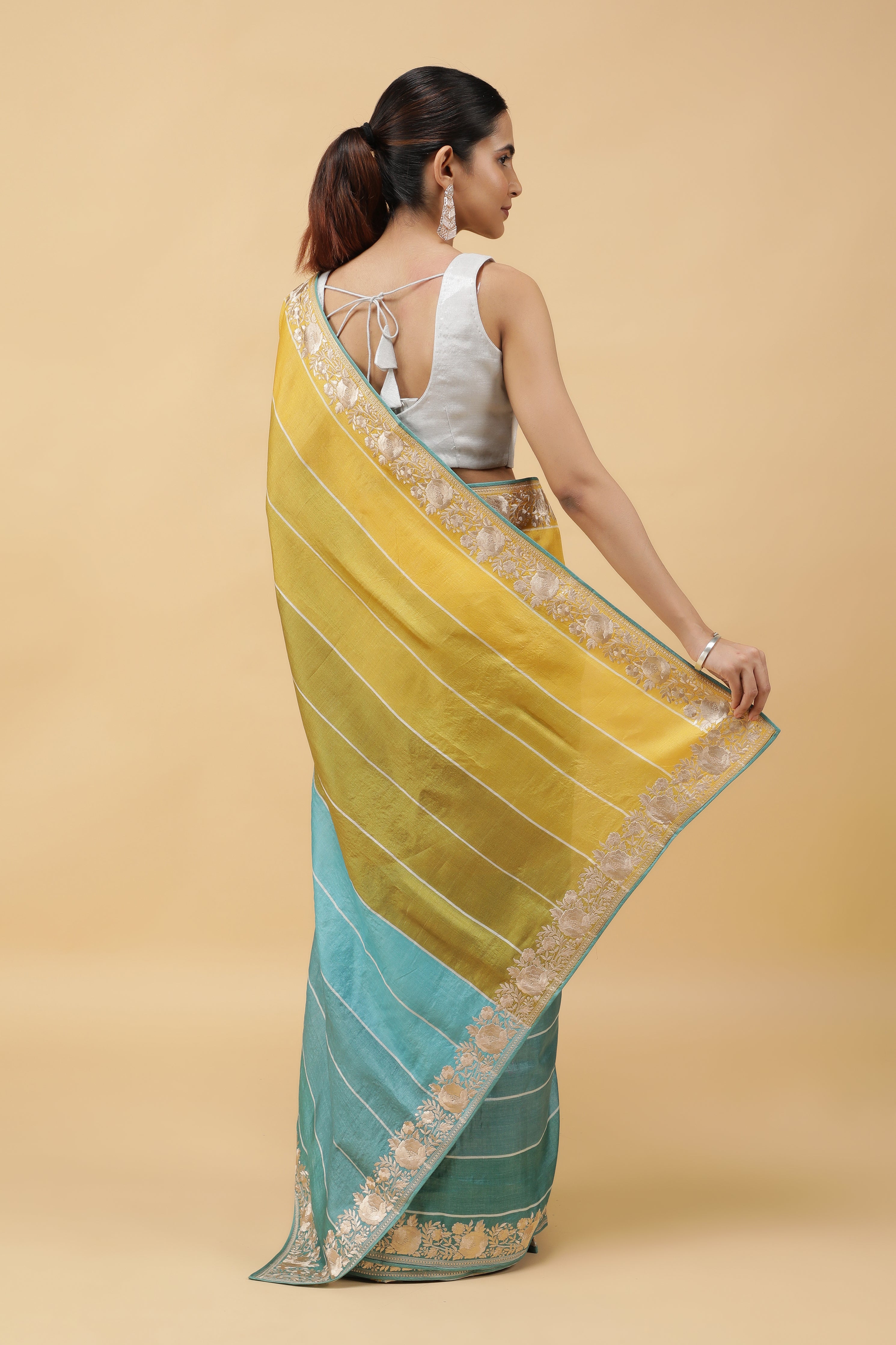 Green & Blue Tussar Silk Saree with Thread Embroidered Border