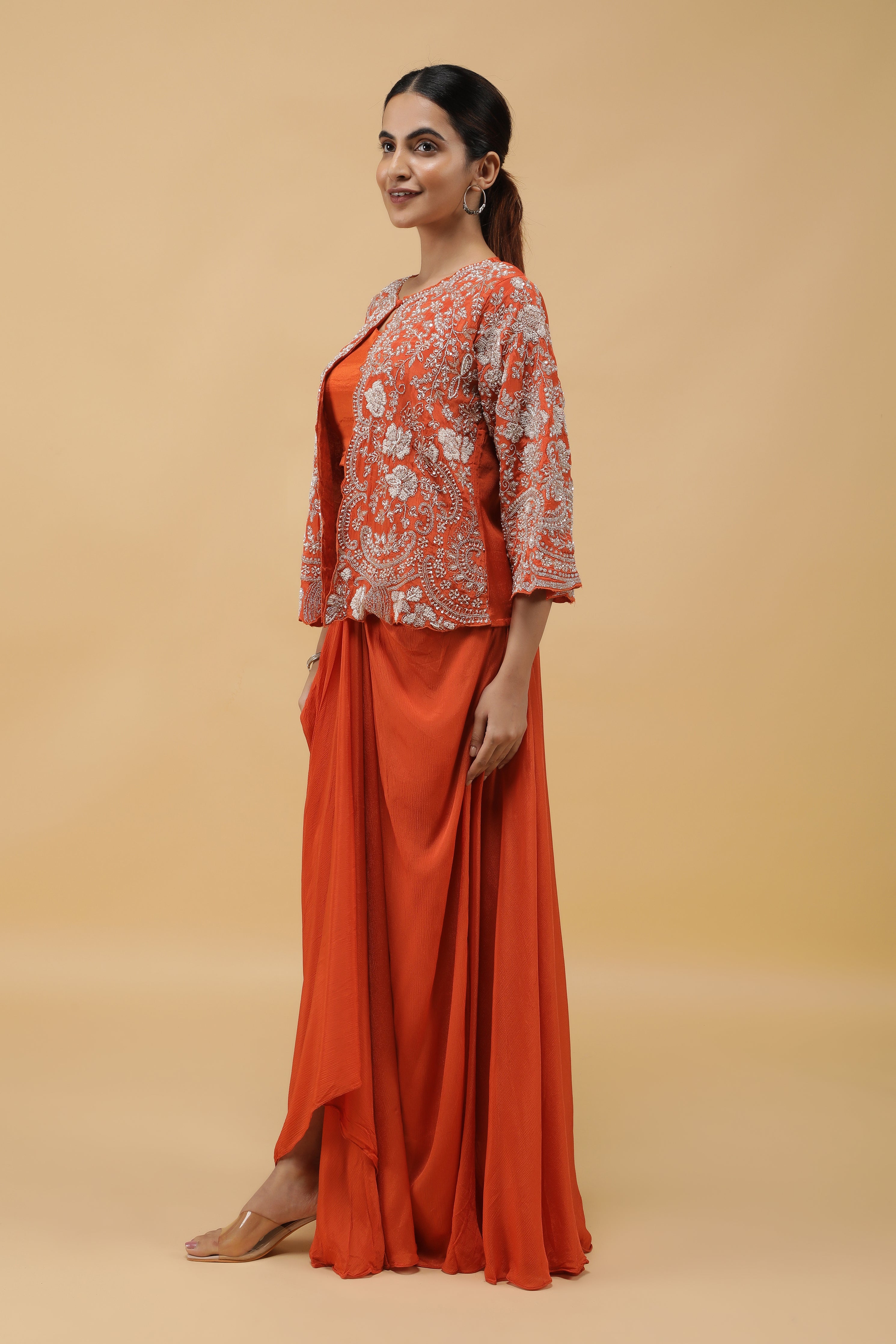 Saffron Luxe Kutdana Embroidered Crop Top, Draped Skirt & Jacket Set