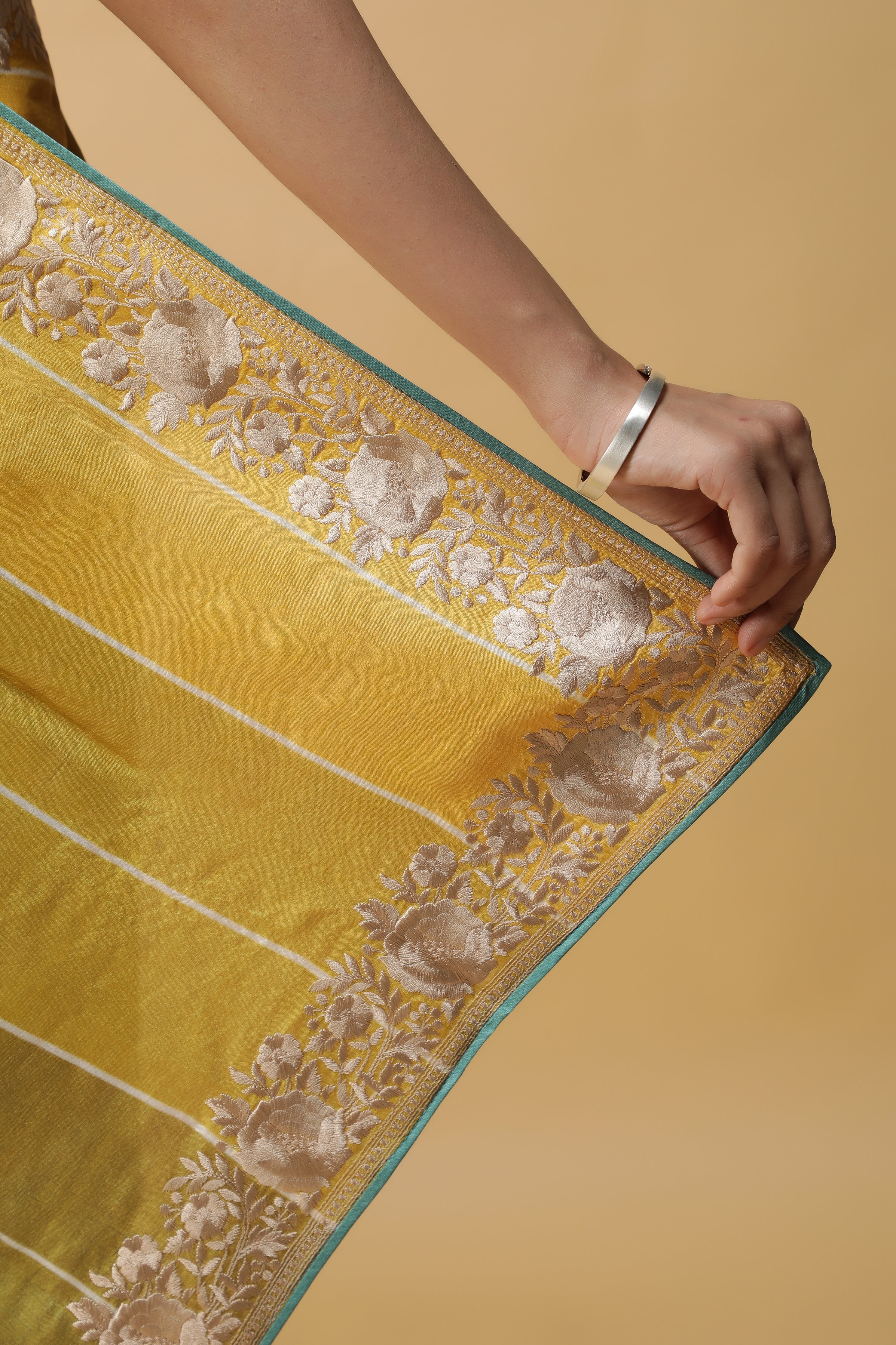 Green & Blue Tussar Silk Saree with Thread Embroidered Border