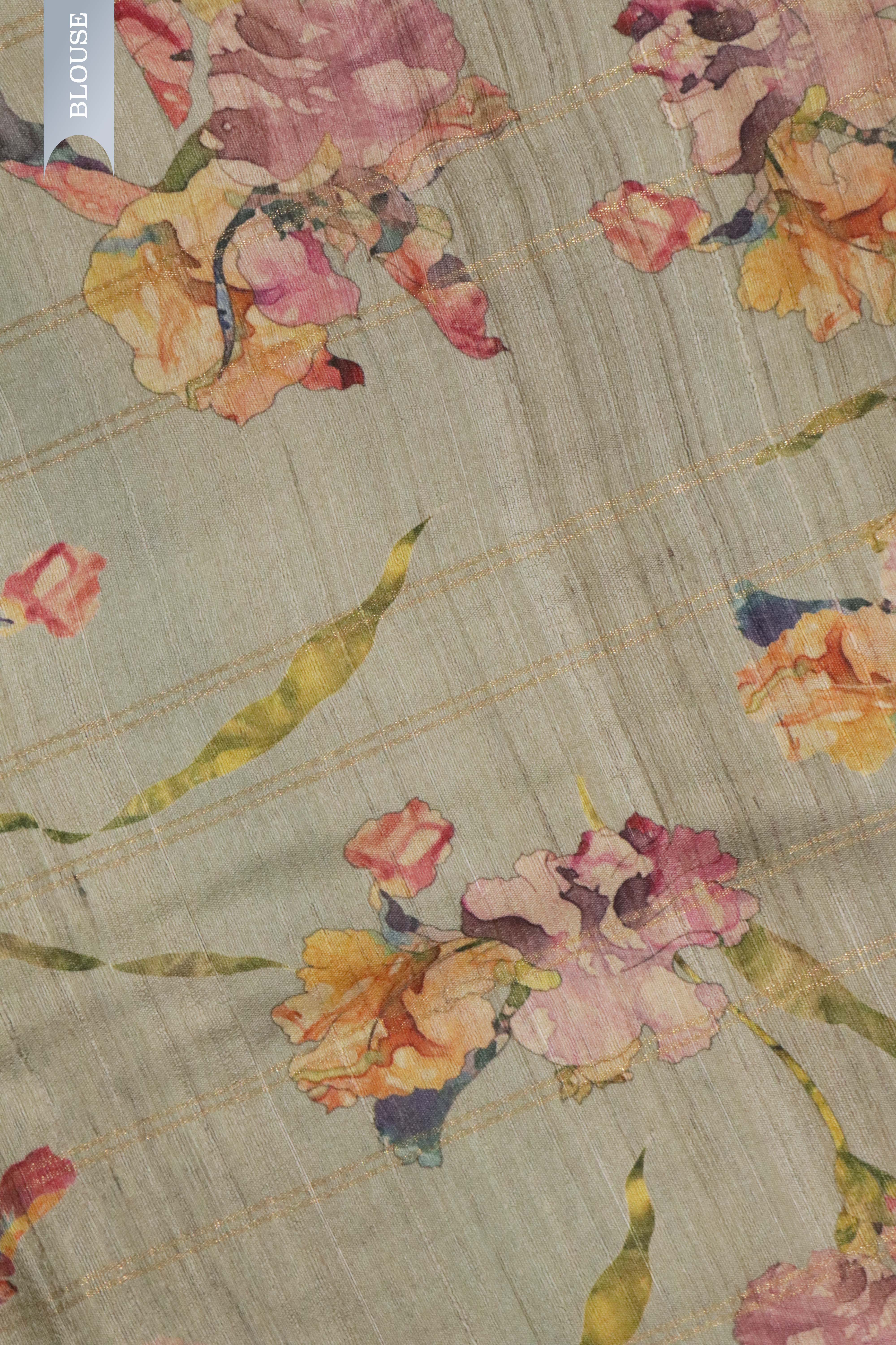 Sage Green Tussar Silk Saree with Zari Checks & Floral Print Border