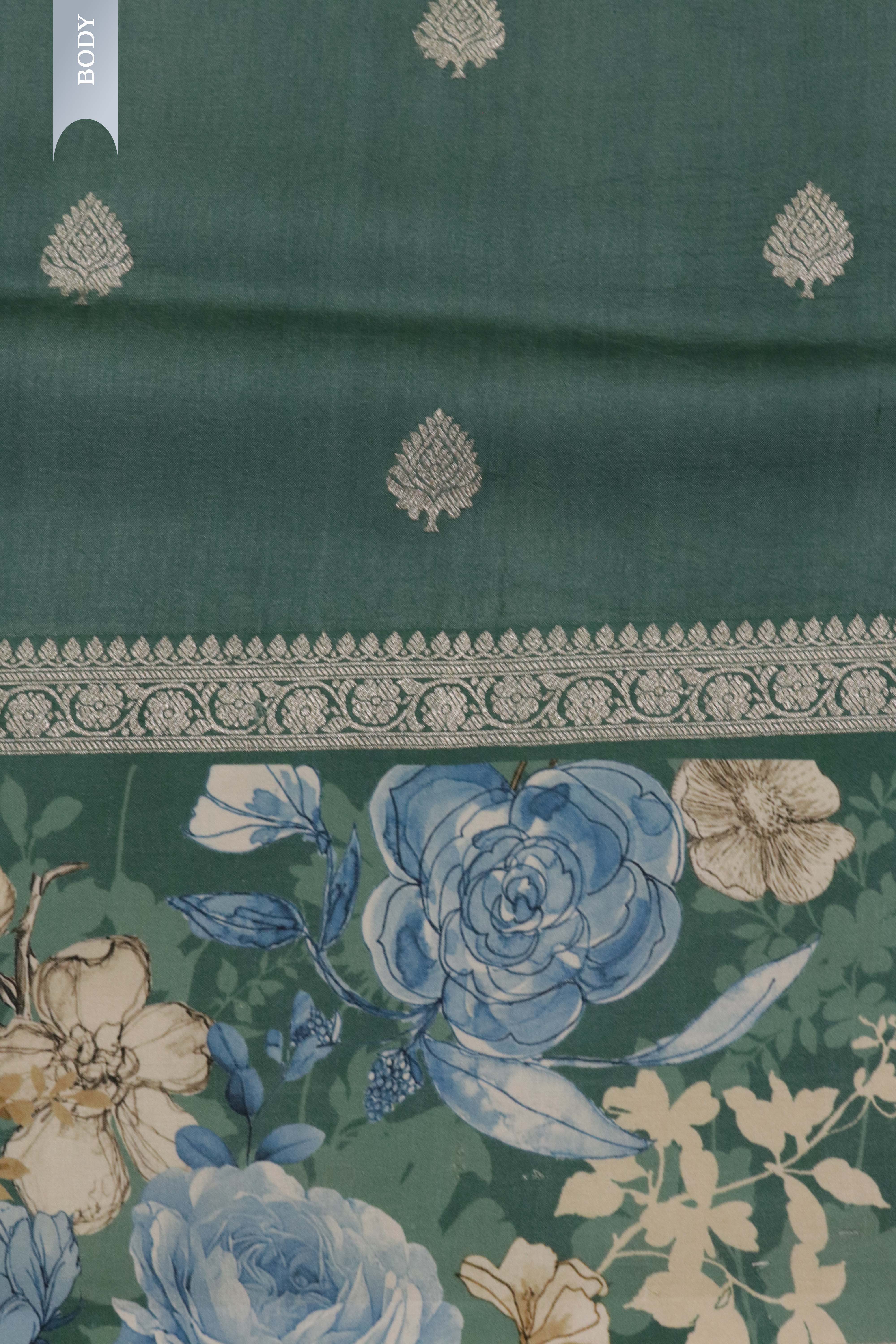 Turf Green Tussar Silk Saree with Silver Zari Motifs & Printed Border