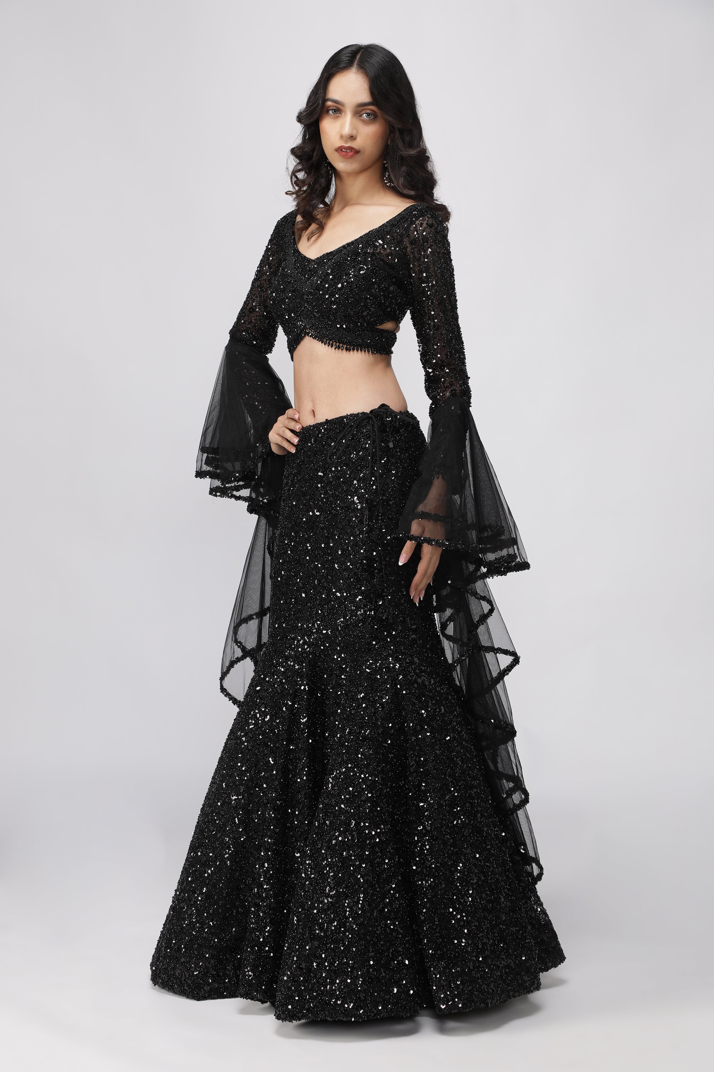 Black Net Sequin Embroidered Lehenga Set with Cape