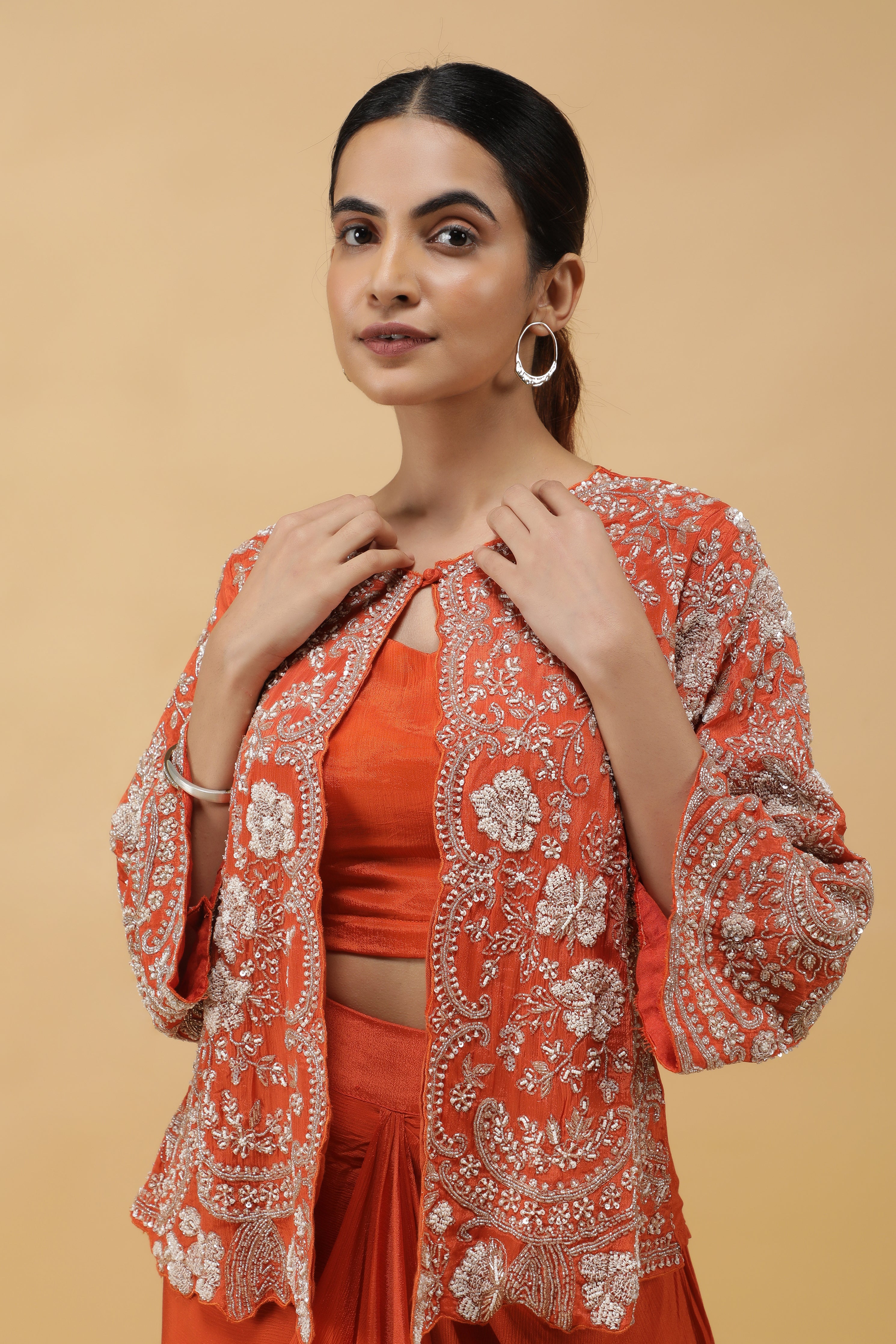 Saffron Luxe Kutdana Embroidered Crop Top, Draped Skirt & Jacket Set