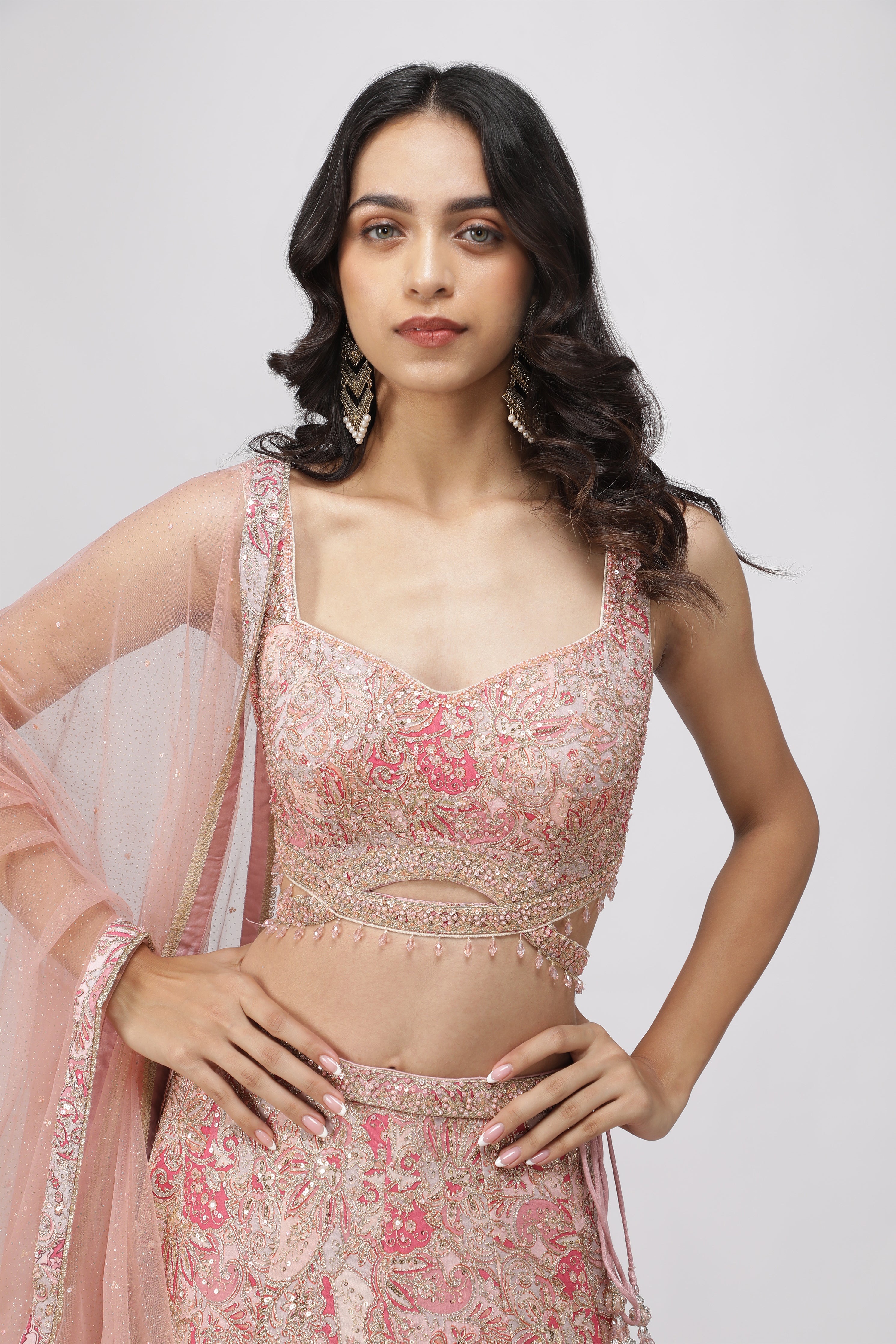 Peach Printed Georgette Lehenga Set with Net Dupatta
