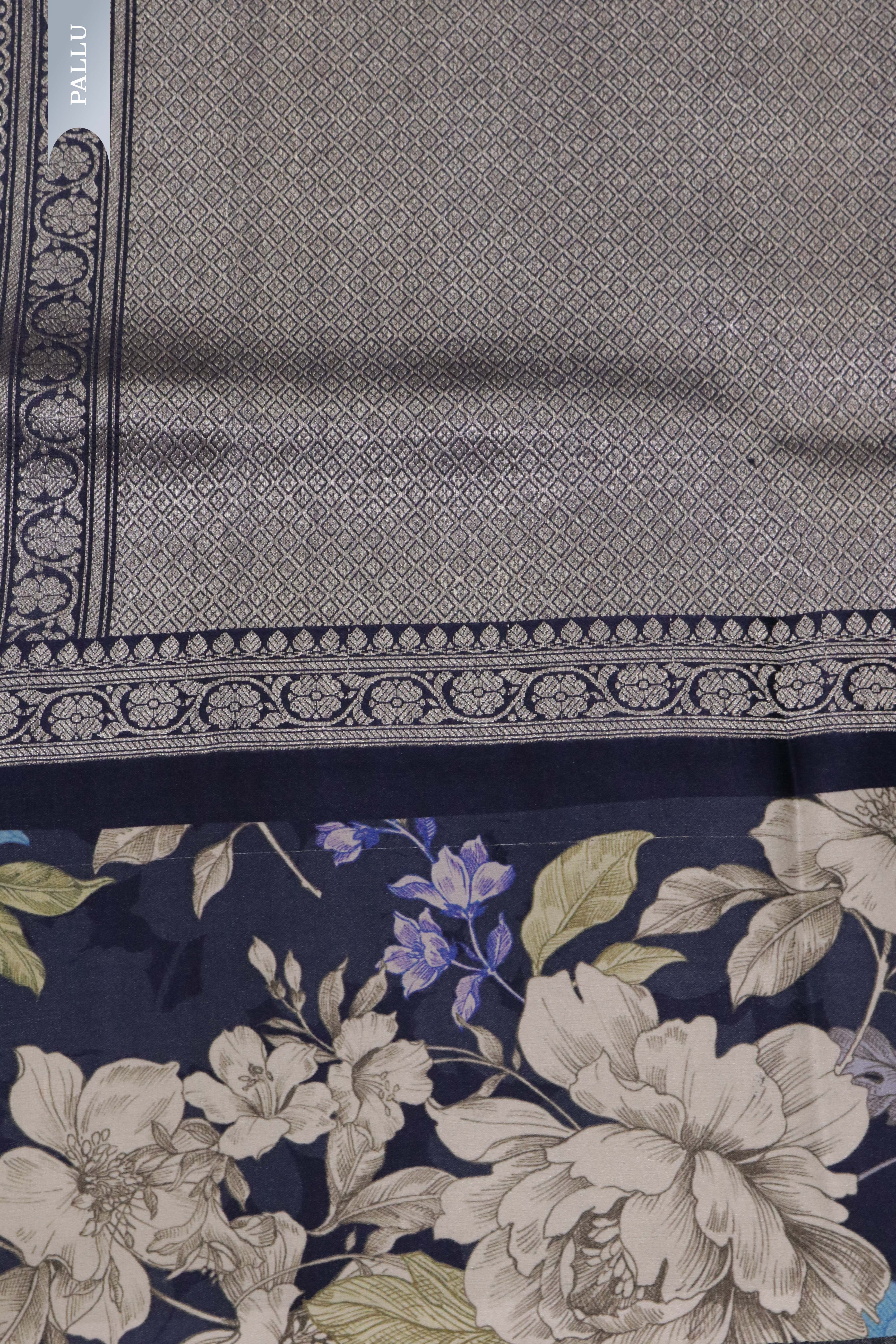 Dark Blue Tussar Silk Saree with Silver Zari Motifs & Satin Printed Border