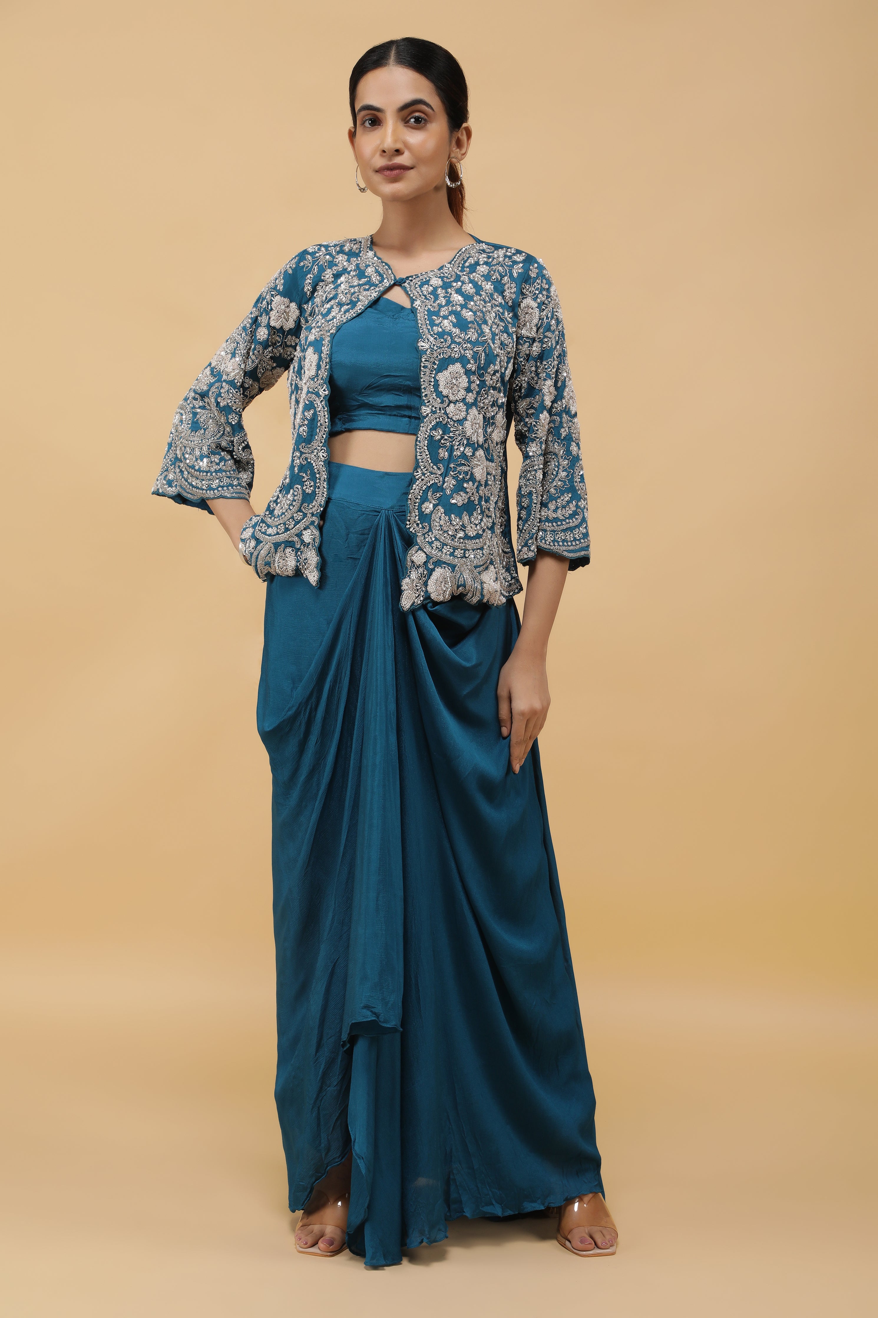 Royal Azure Kutdana Embroidered Crop Top, Draped Skirt & Jacket Set