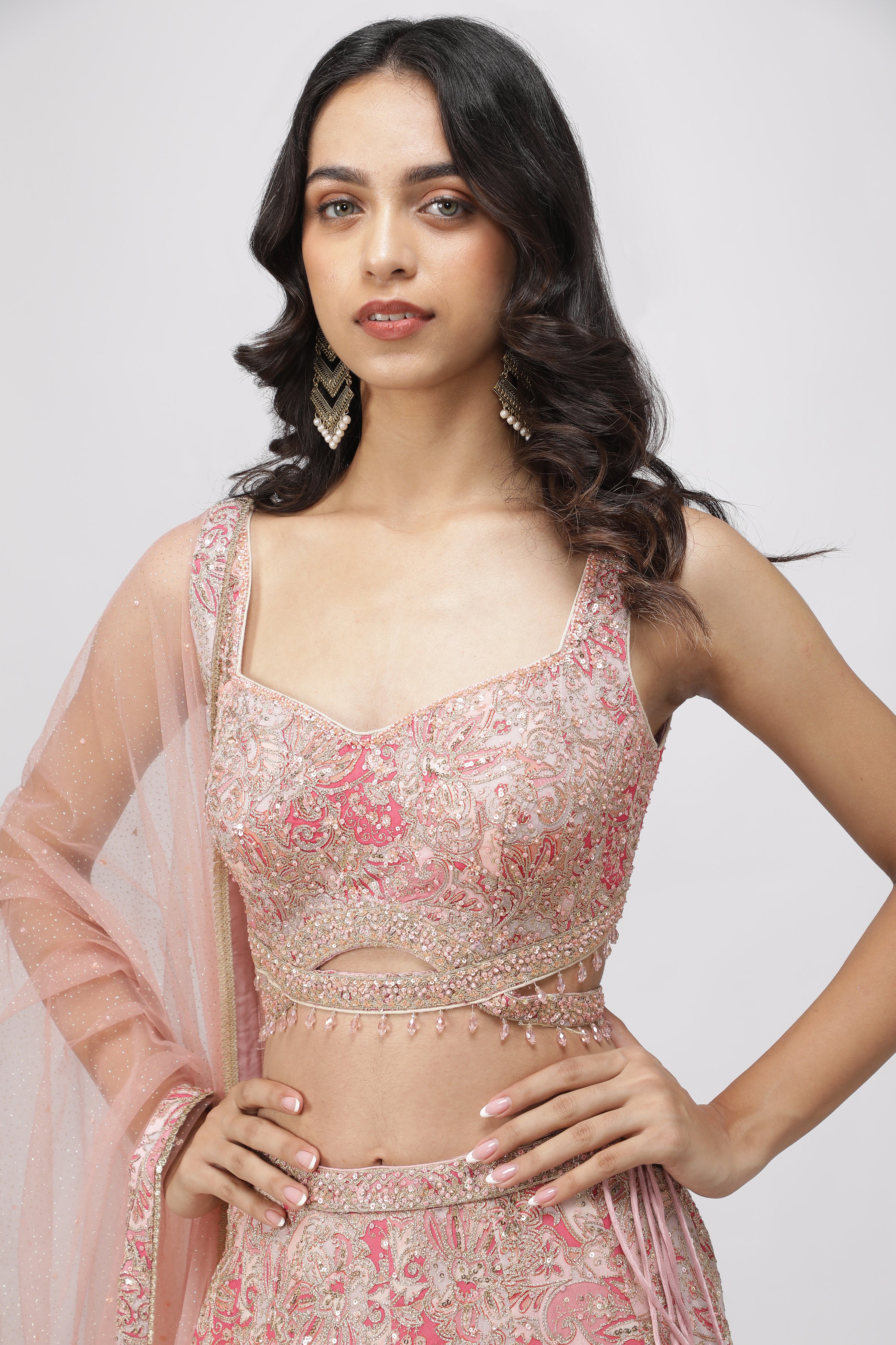 Peach Printed Georgette Lehenga Set with Net Dupatta
