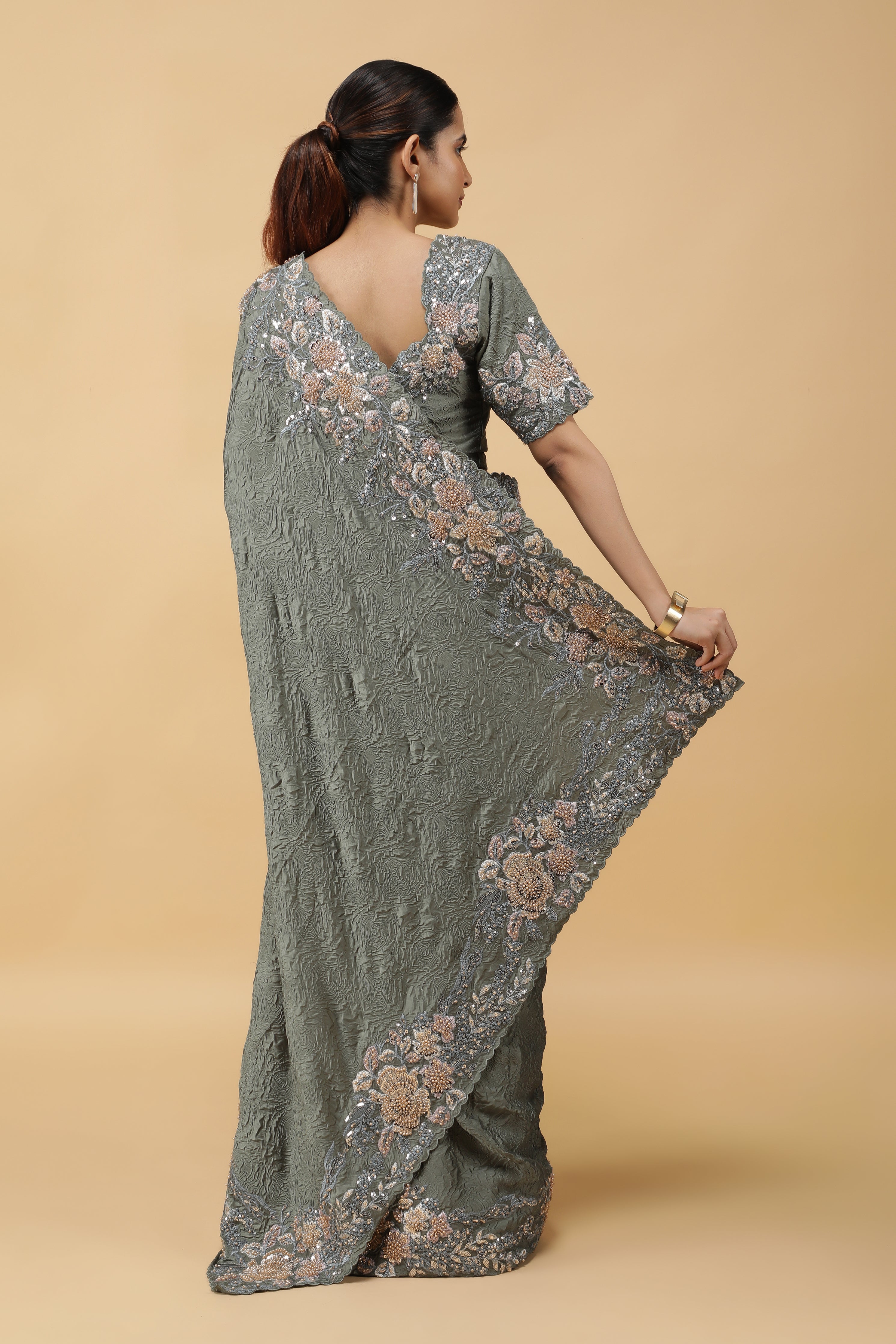 Olive Green Crepe Silk Saree with Sequin Beads Border