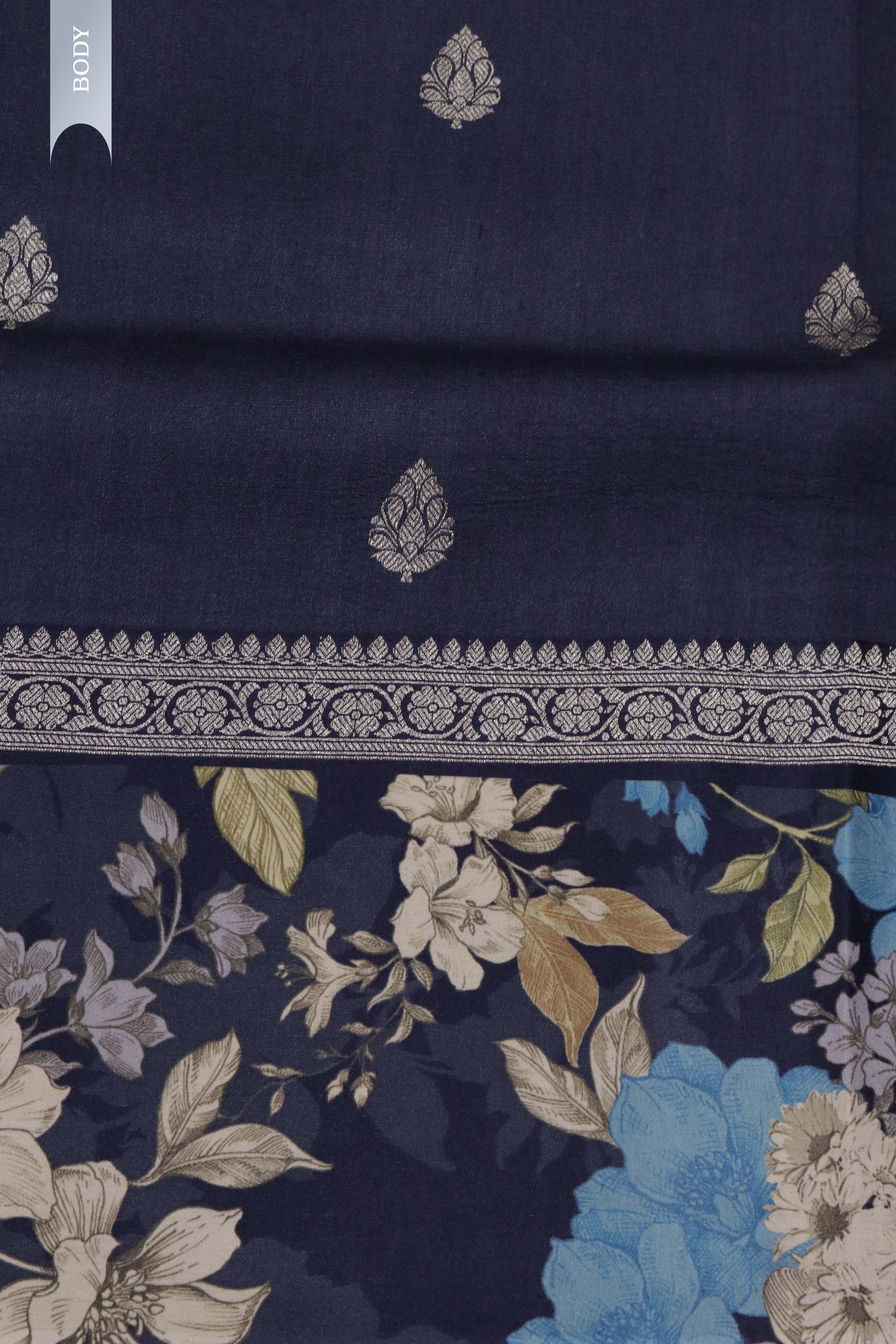 Dark Blue Tussar Silk Saree with Silver Zari Motifs & Satin Printed Border