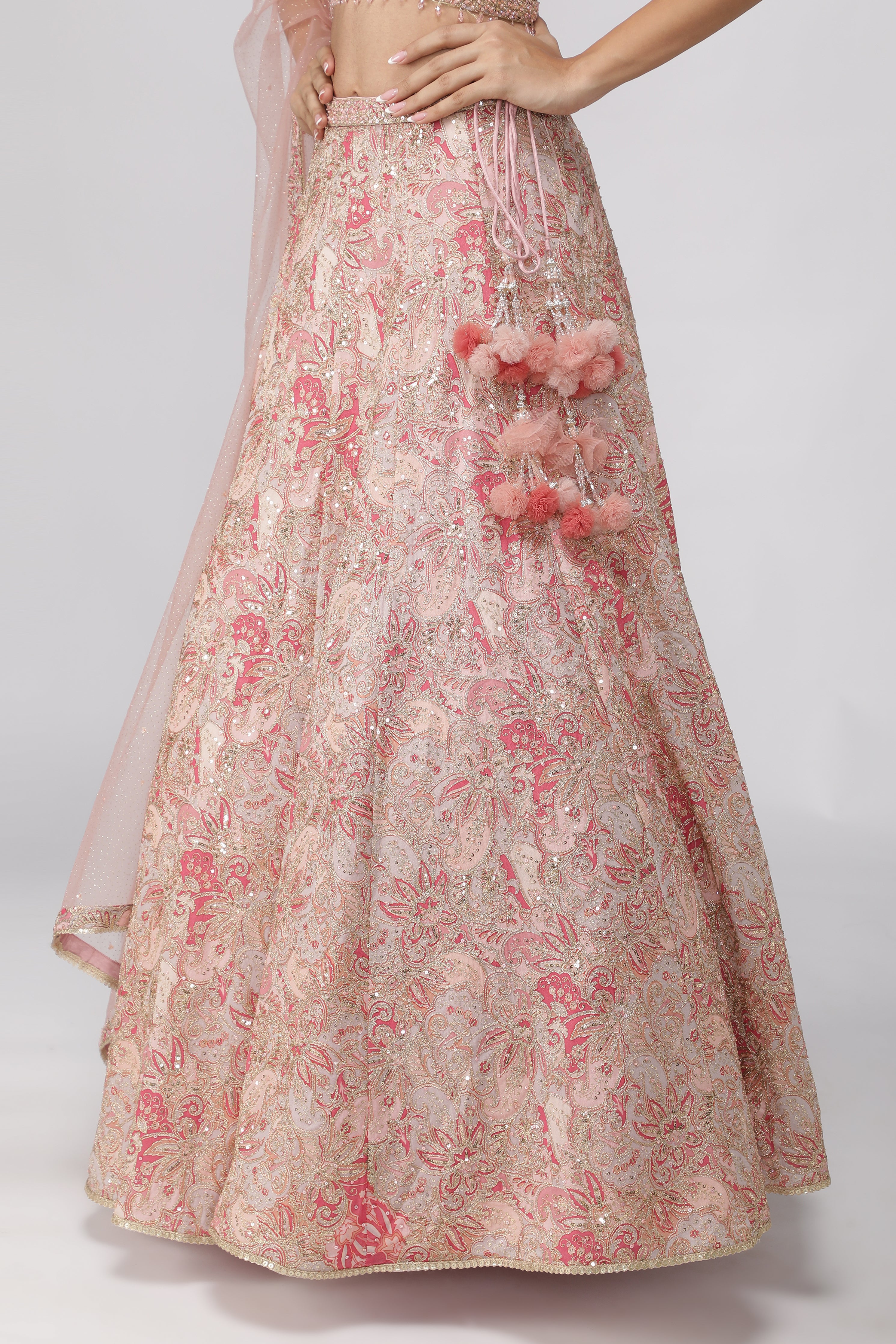 Peach Printed Georgette Lehenga Set with Net Dupatta