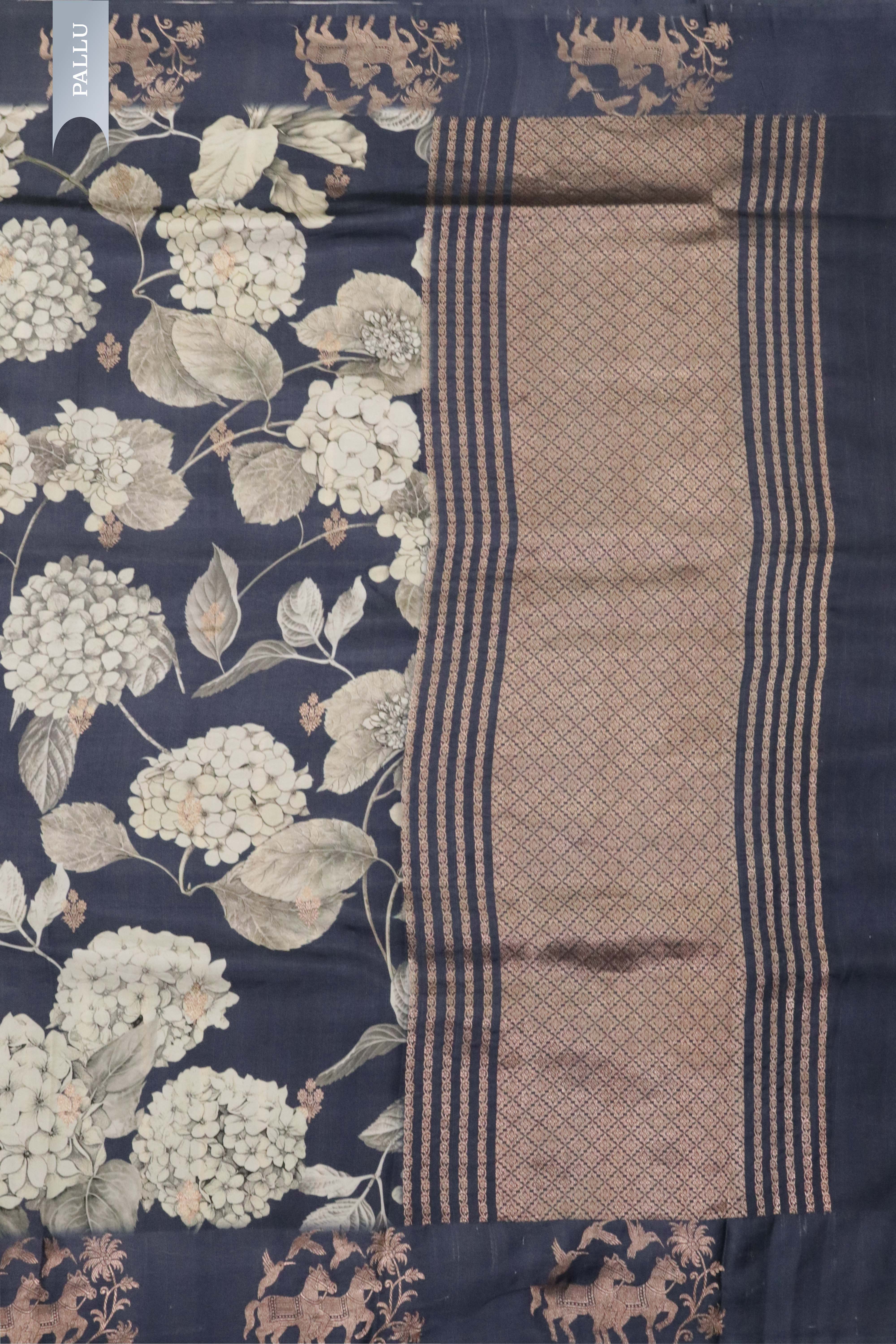 Dark Grey Silk Saree with Floral Print & Zari Border