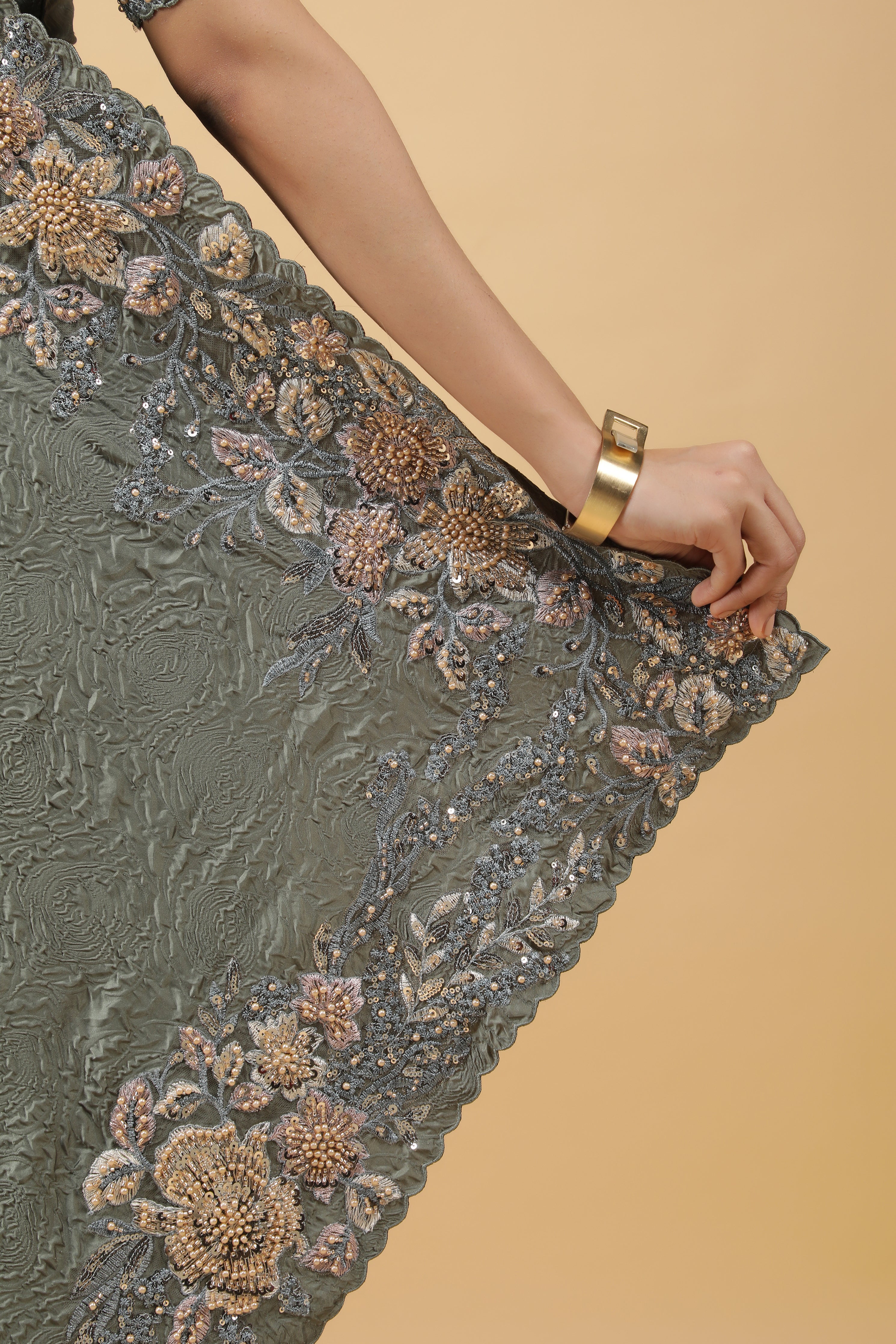 Olive Green Crepe Silk Saree with Sequin Beads Border