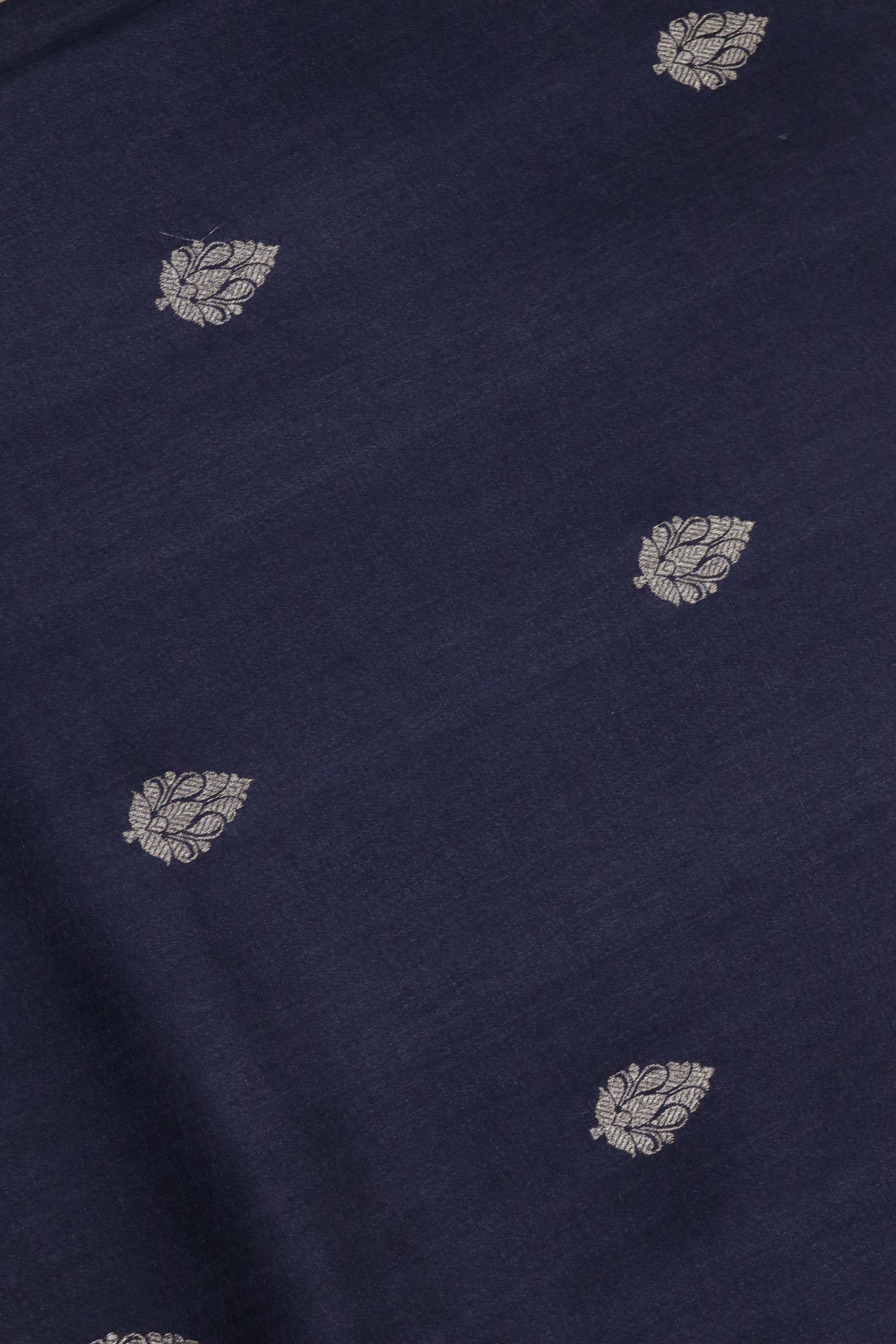 Dark Blue Tussar Silk Saree with Silver Zari Motifs & Satin Printed Border